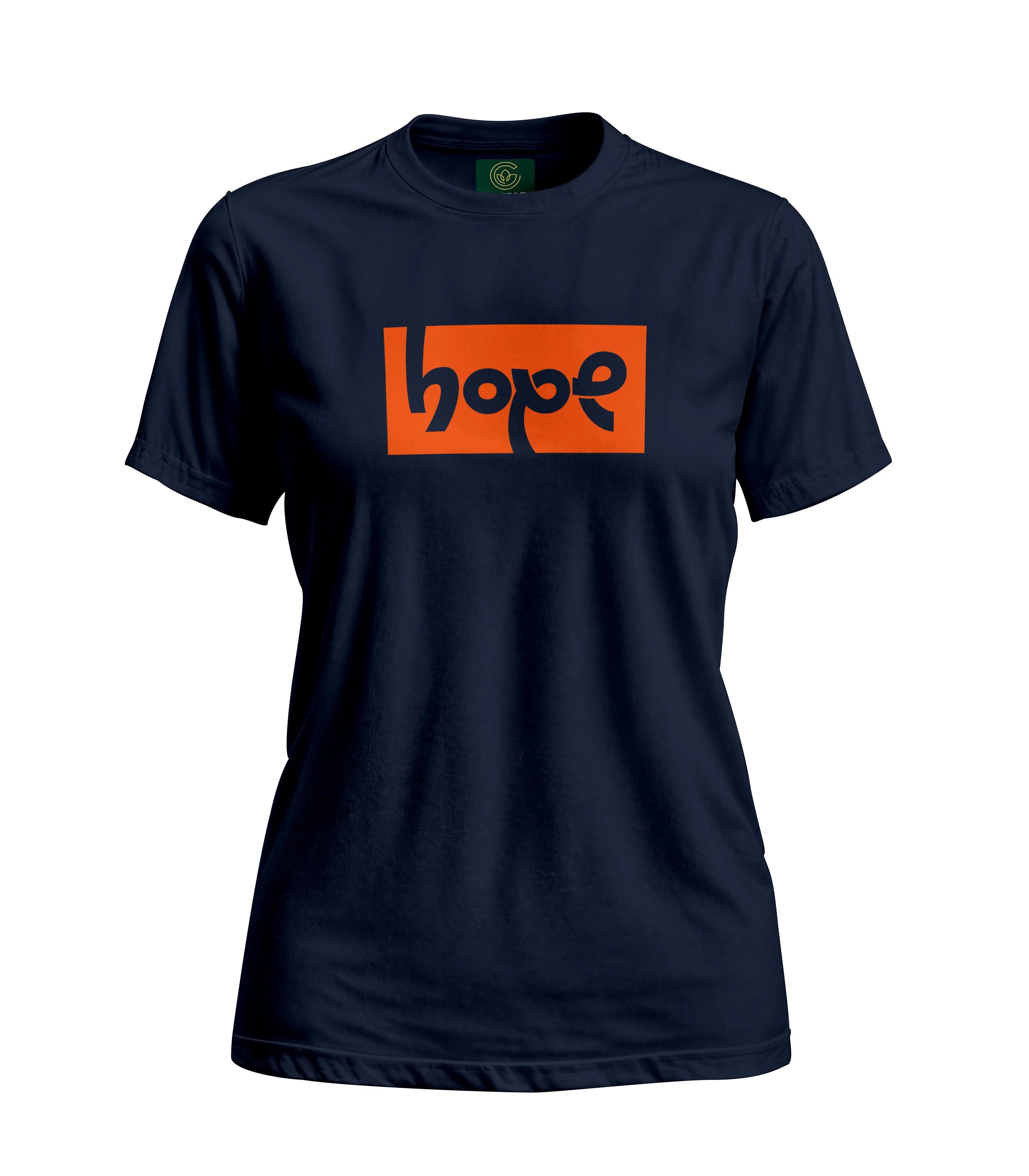Navy blue t-shirt with 'hope' in orange on a white background