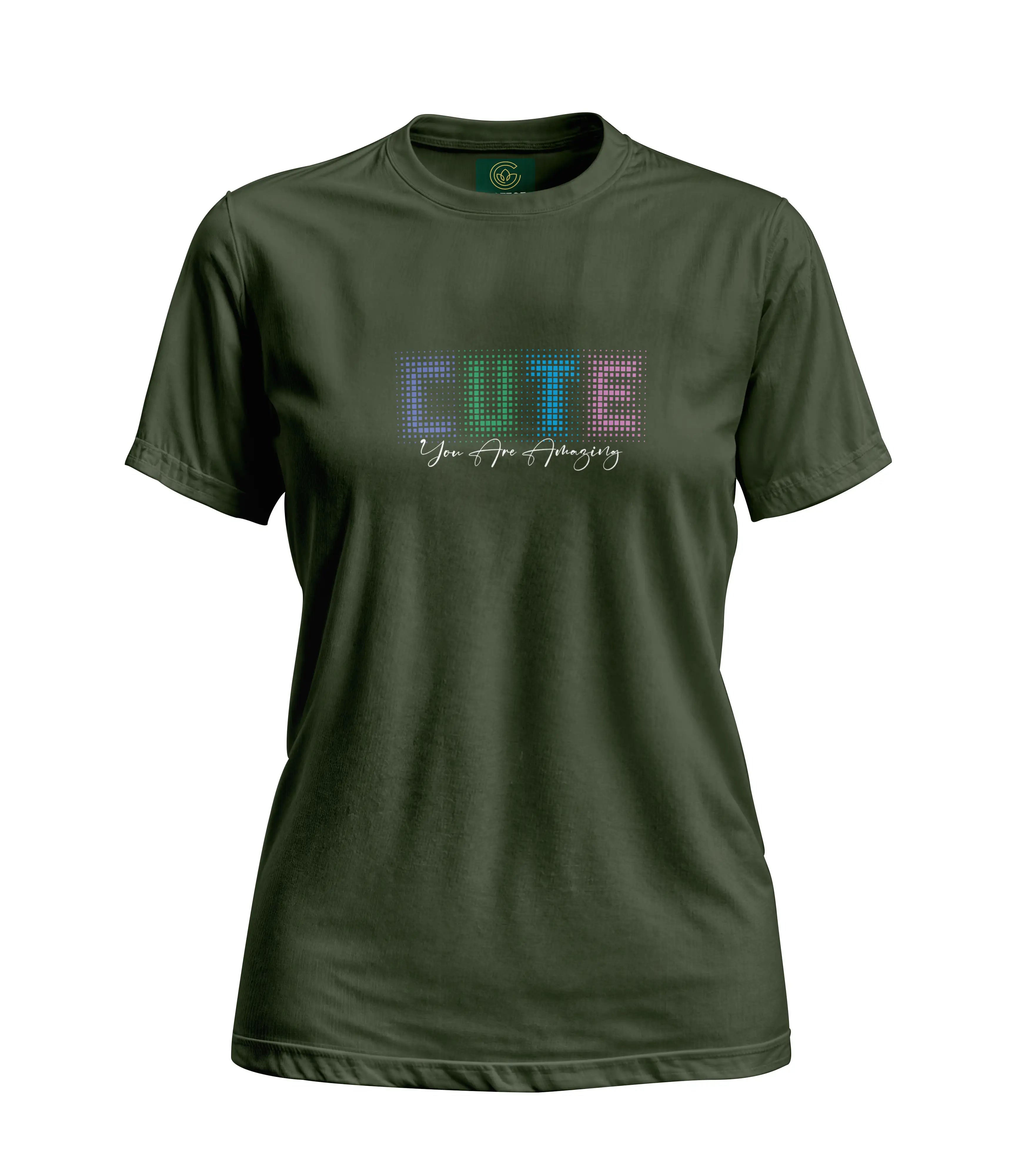 Green t-shirt with colorful 'CUTE' text design on a white background