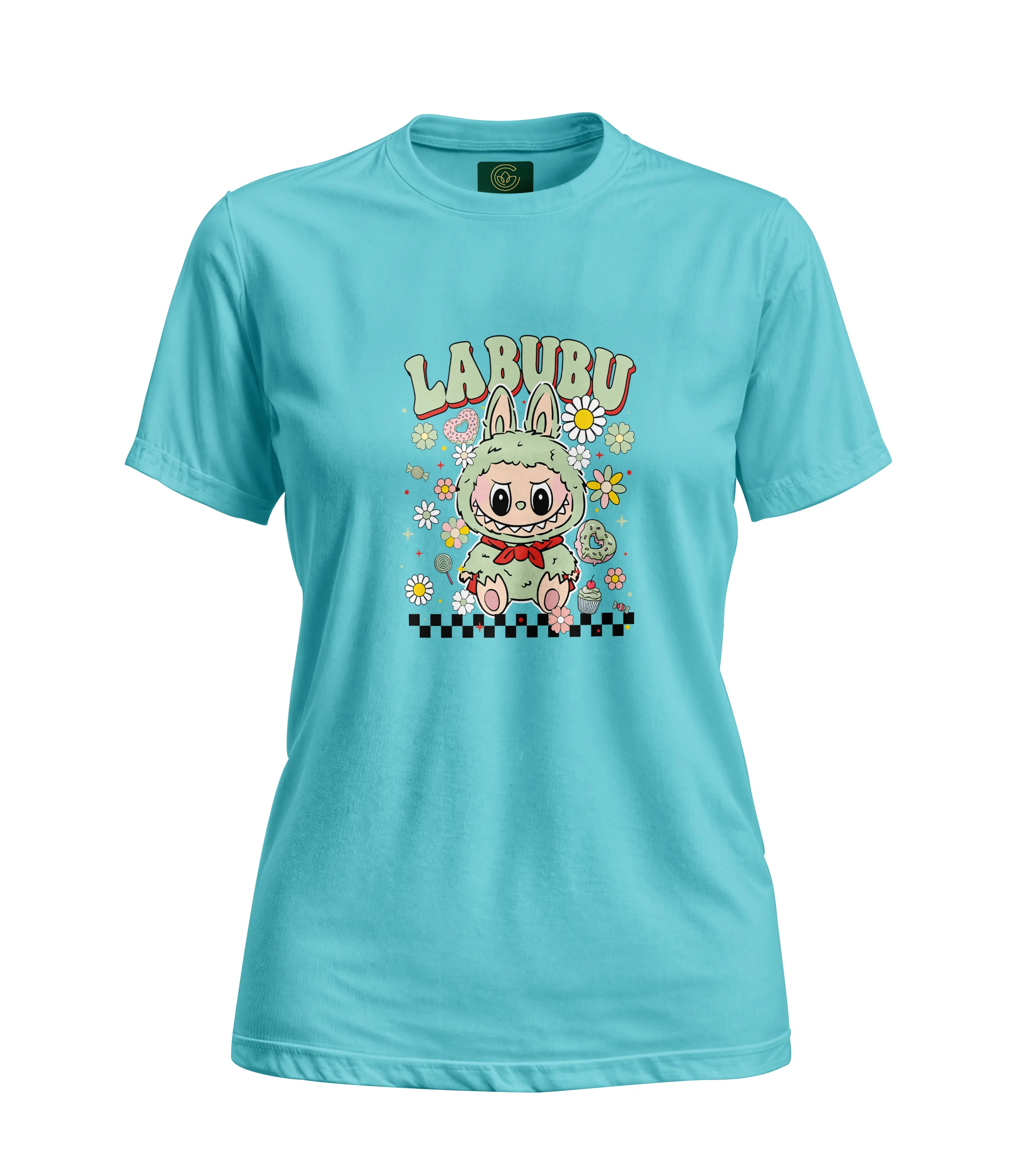 Light blue t-shirt with cartoon character and 'LABUBU' text on a white background