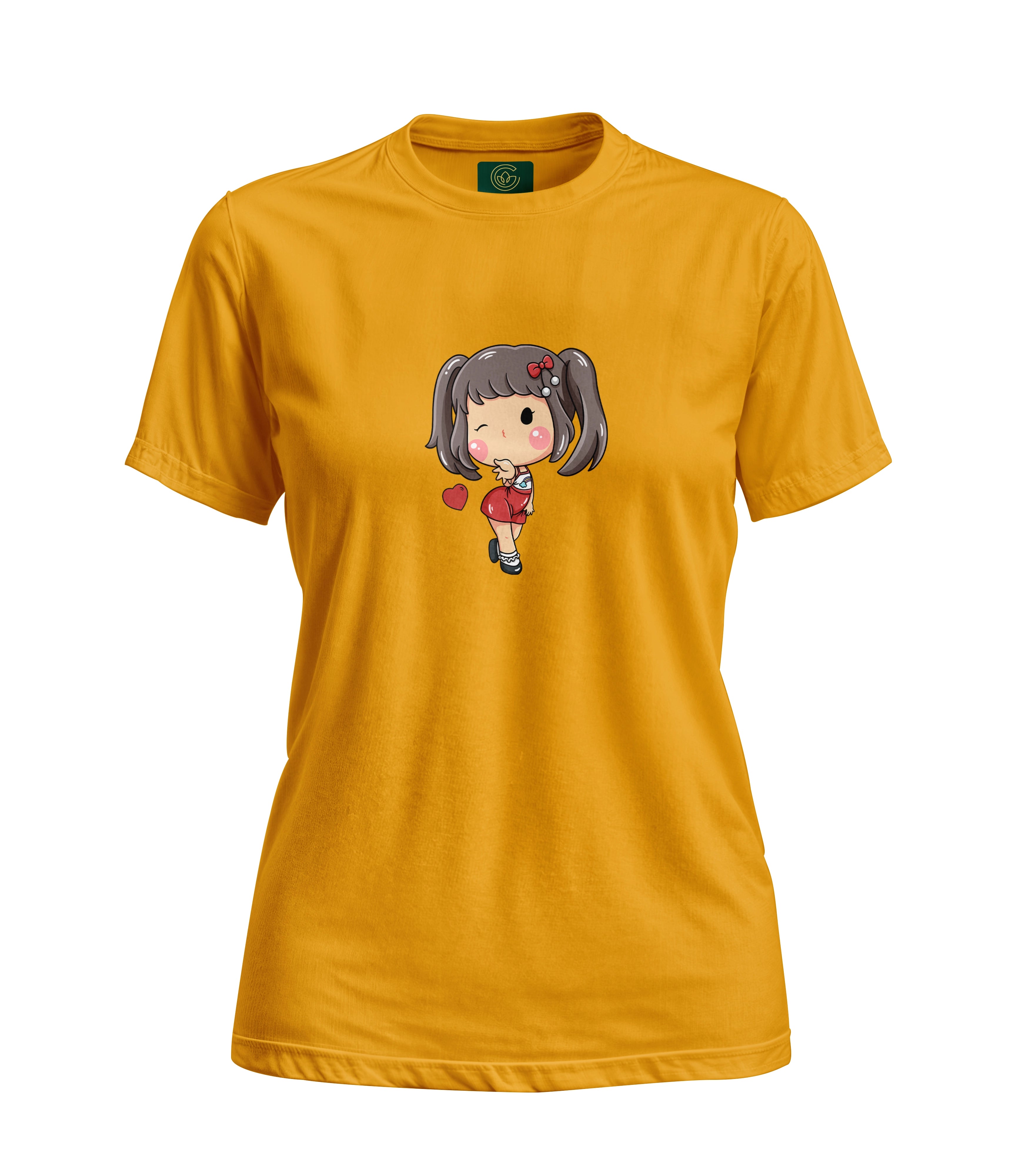 Yellow t-shirt with a cartoon character on a white background