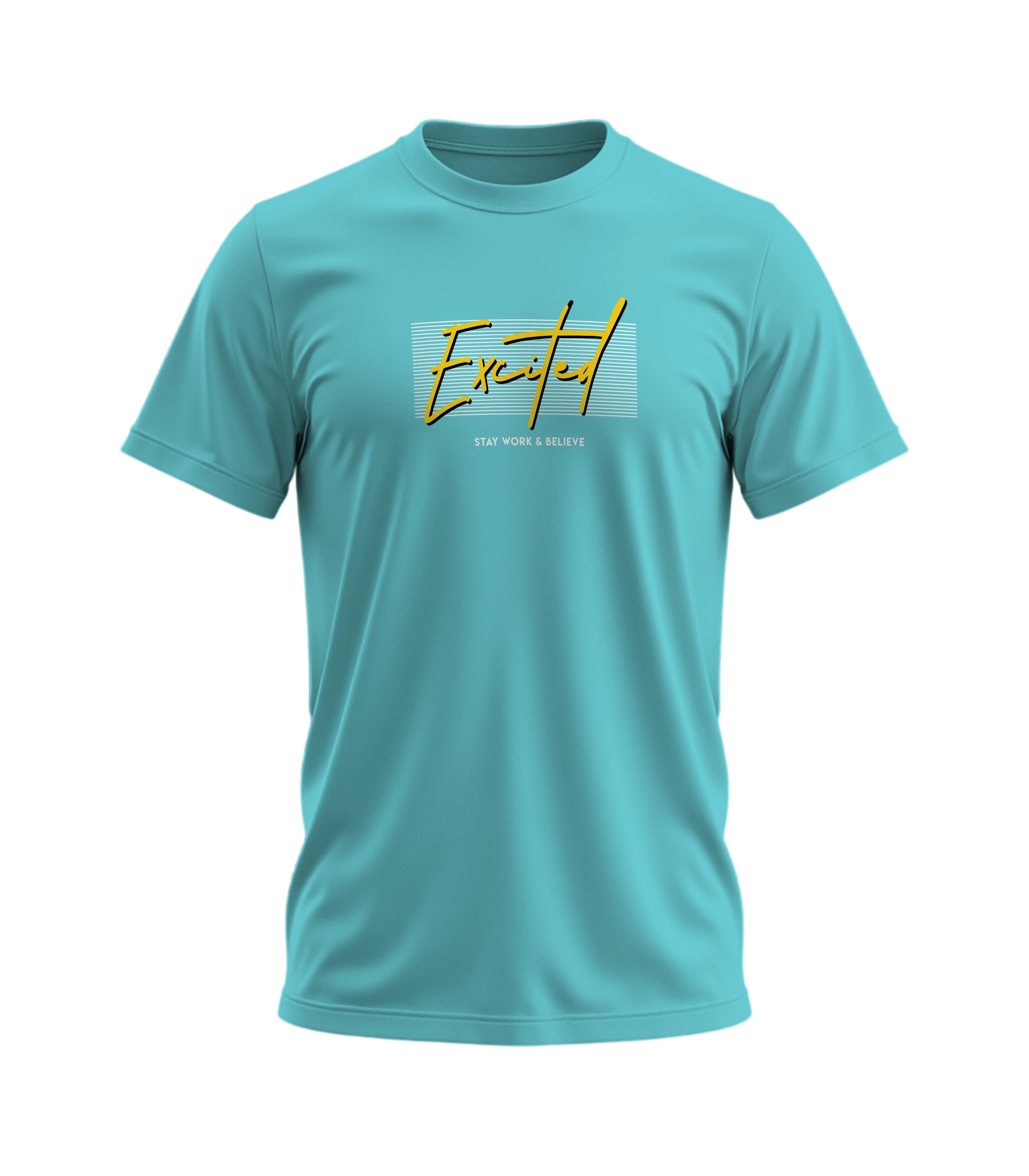 Turquoise t-shirt with yellow text on a white background