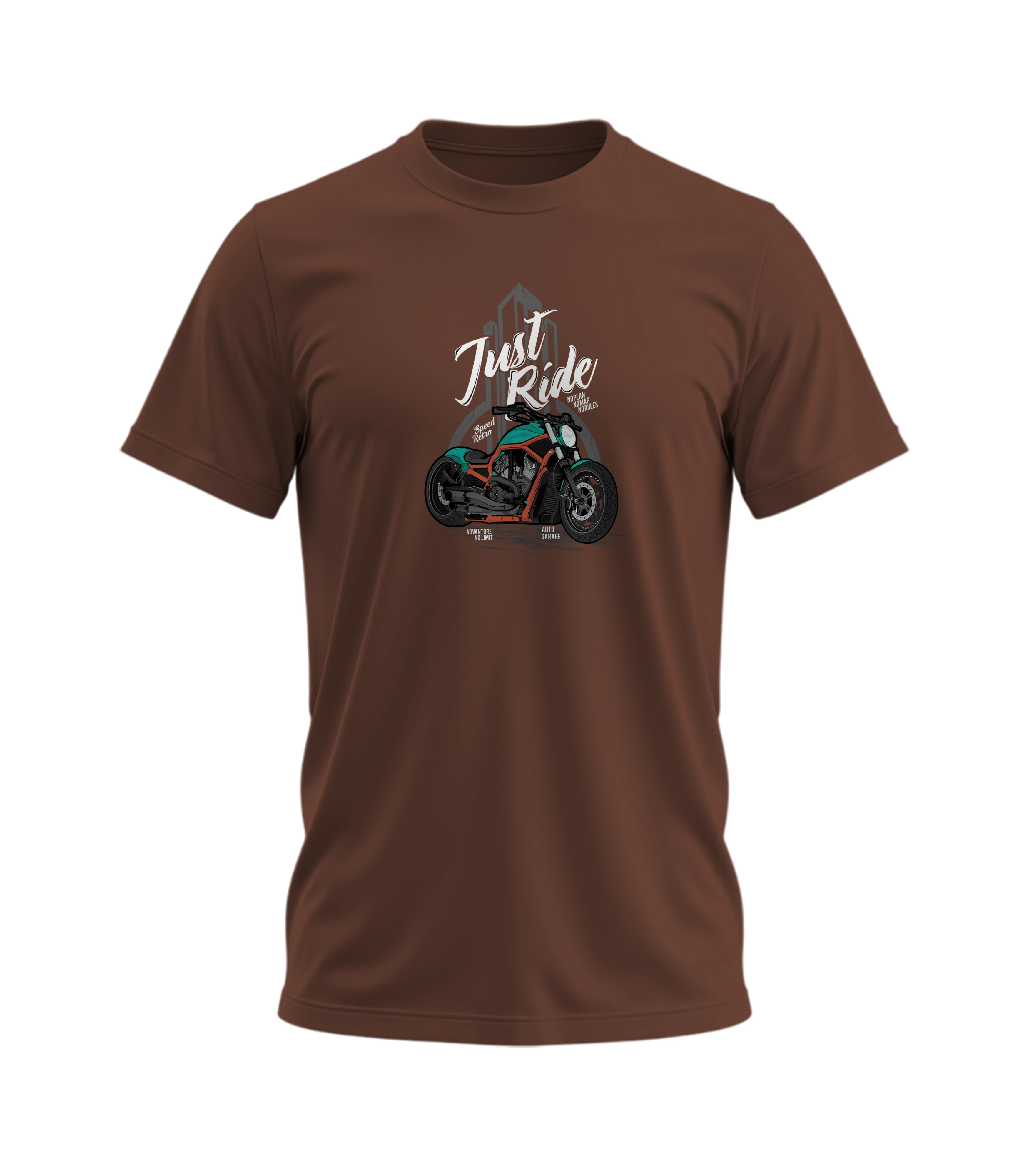 Brown t-shirt with a motorcycle graphic and 'Just Ride' text on a white background
