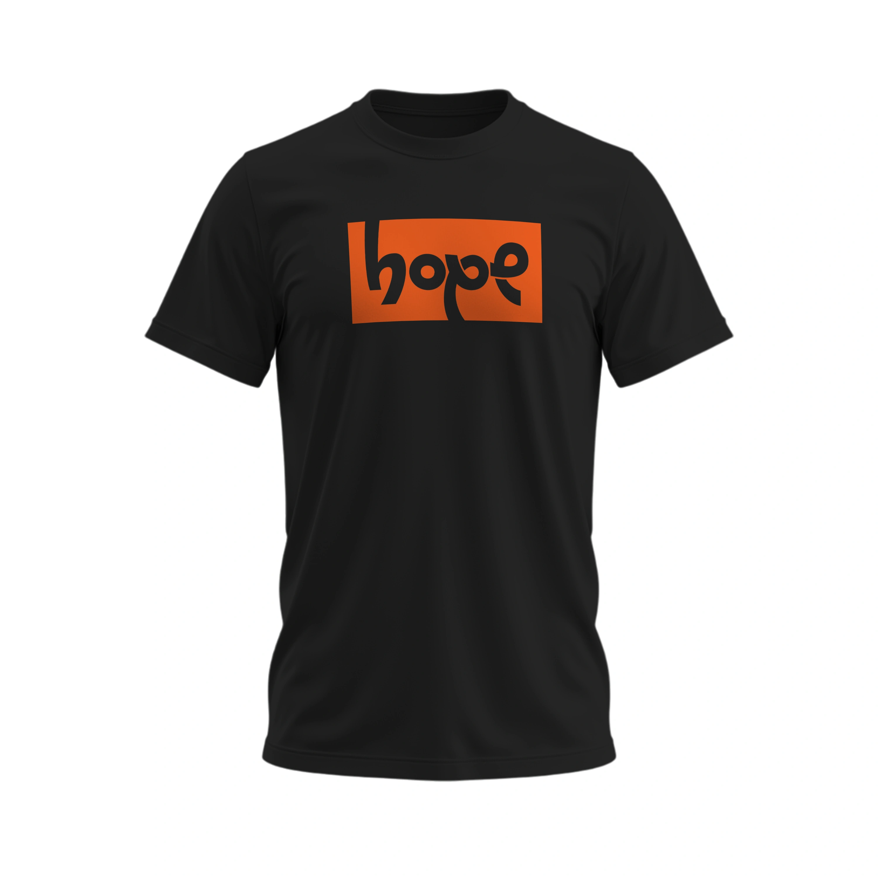 Black t-shirt with an orange 'hope' logo on a white background