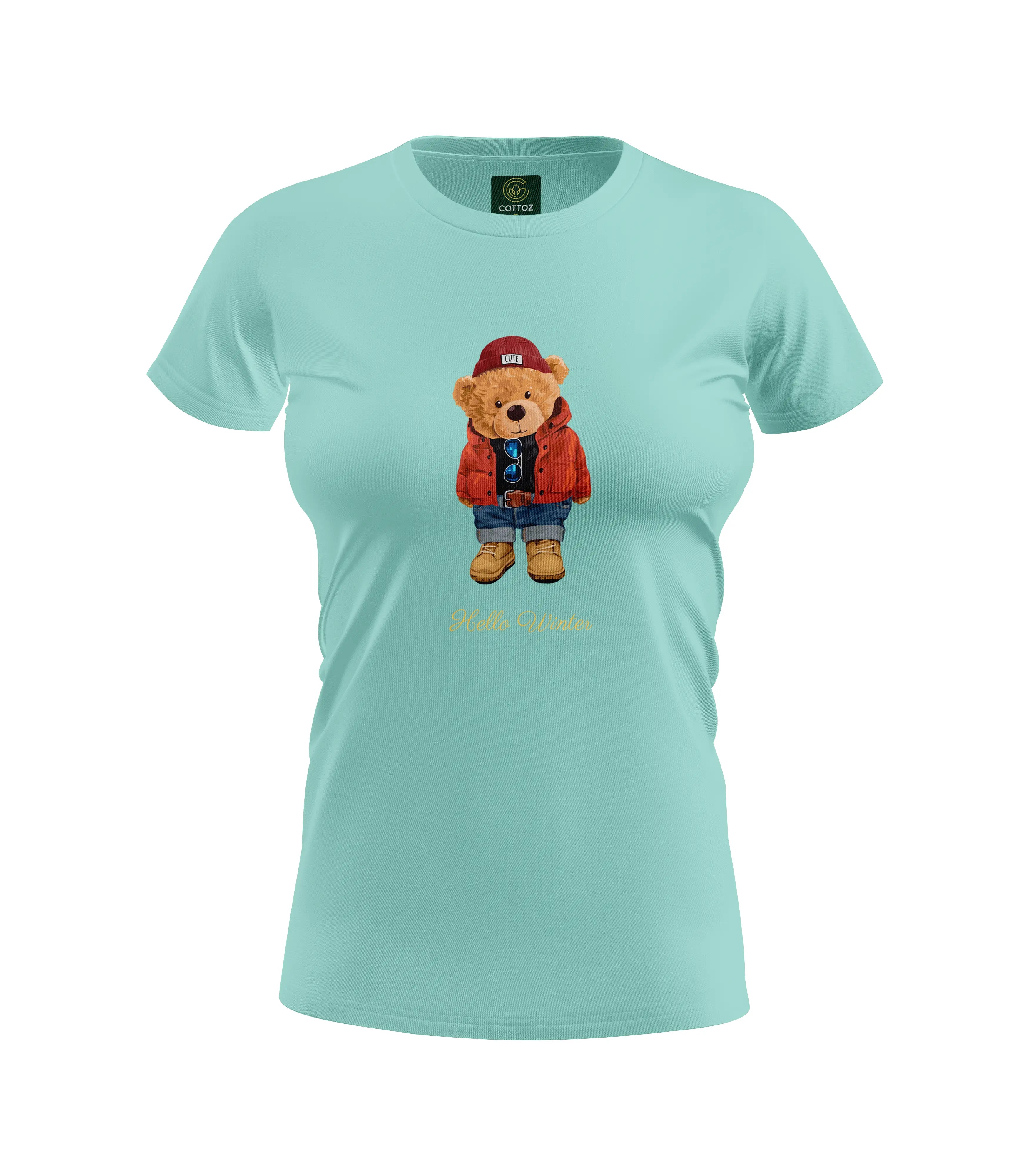 Light blue t-shirt with a teddy bear graphic and text on a white background
