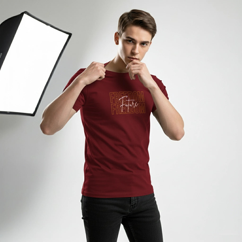 Person wearing a red t-shirt with text, standing in front of studio lighting equipment.