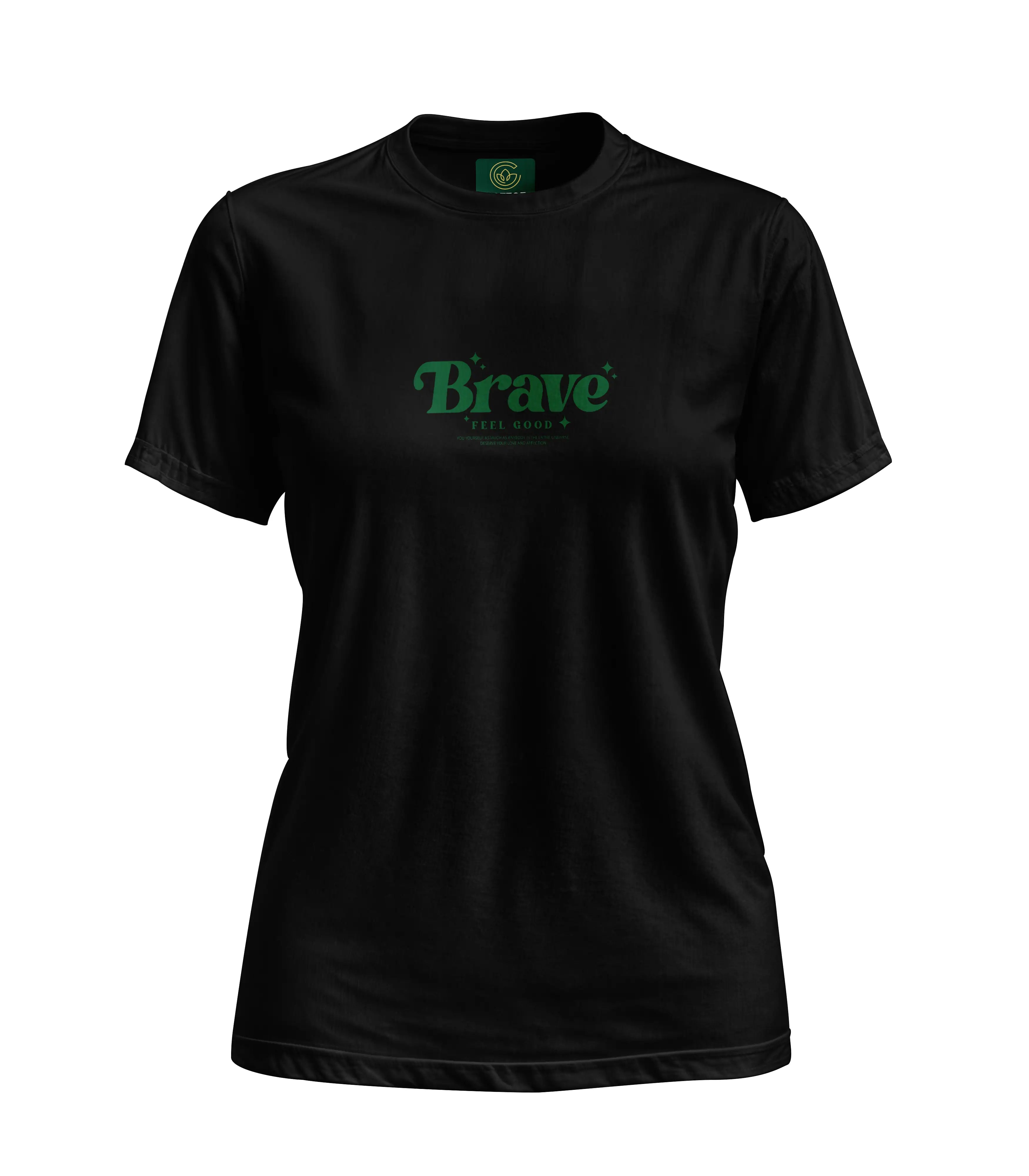 Black t-shirt with 'Brave' logo on a white background