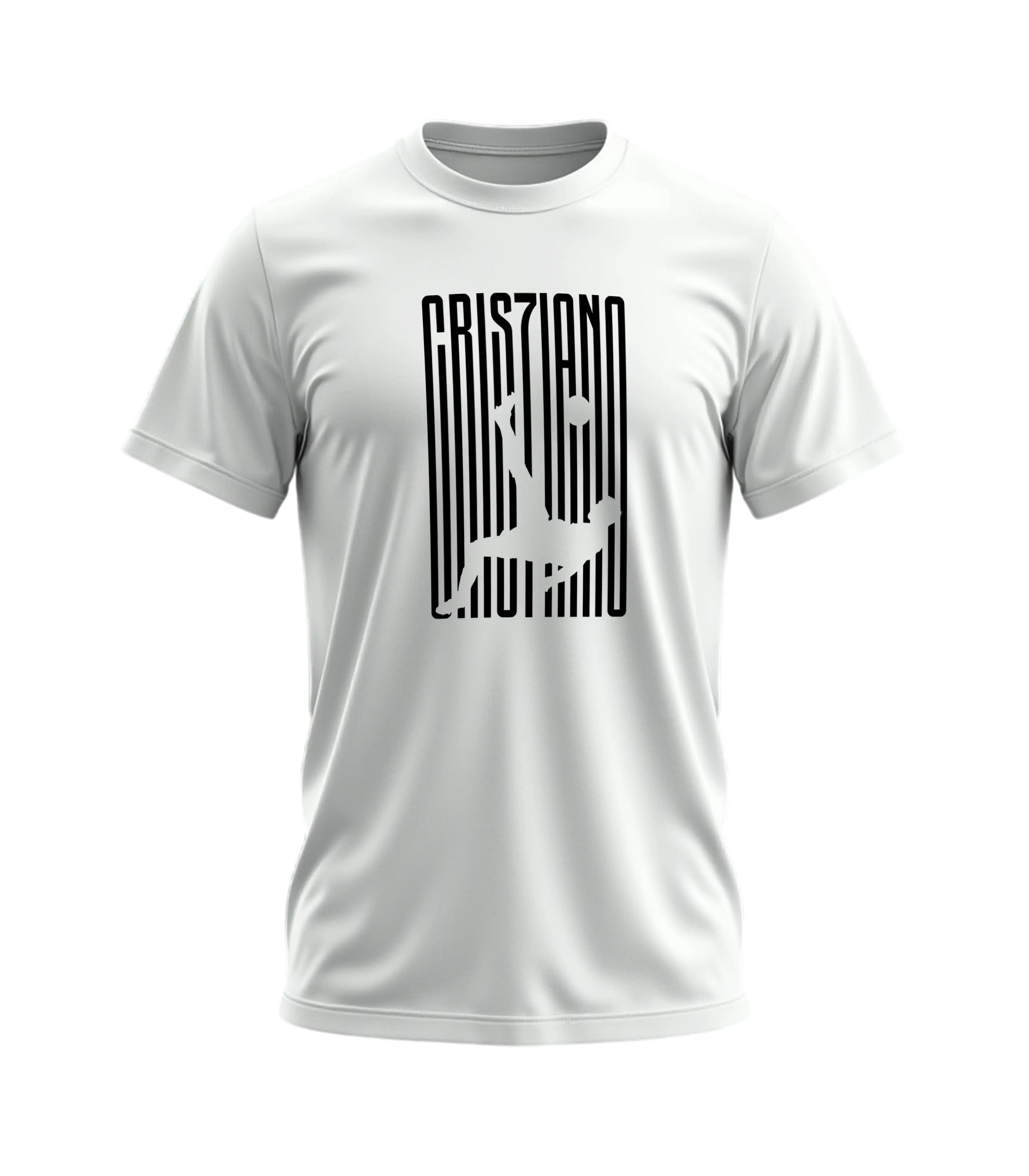 White t-shirt with black graphic design on a white background