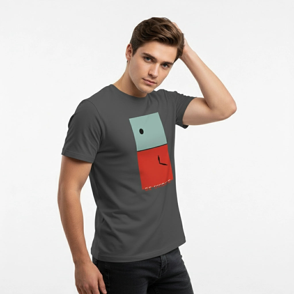 Man wearing a gray t-shirt with a colorful graphic design on a white background