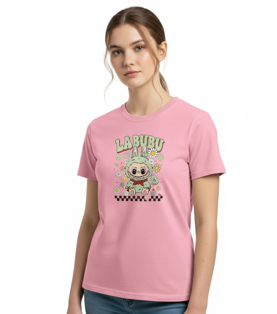 Person wearing a pink t-shirt with 'Larbubu' design on a white background