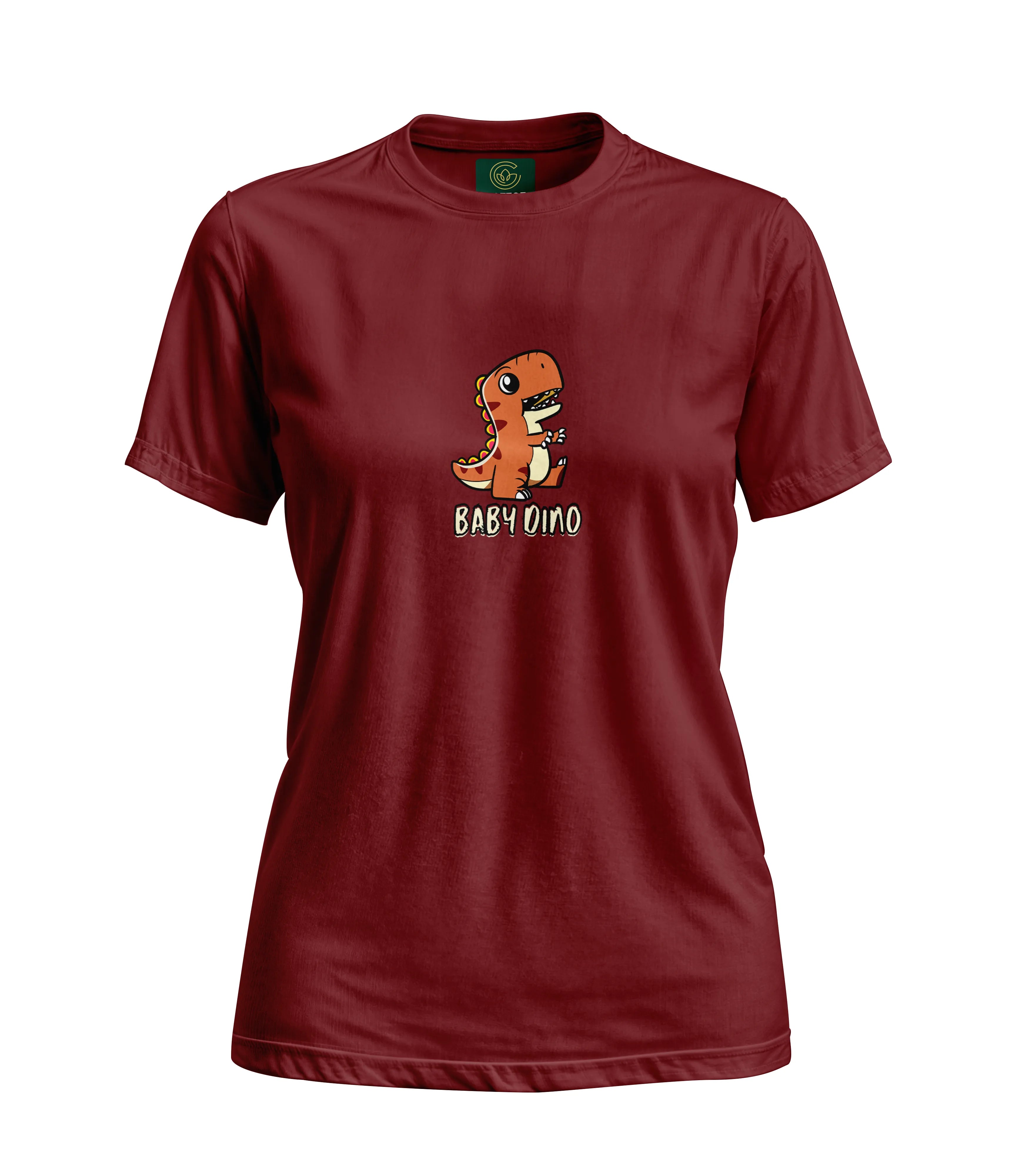 Maroon t-shirt with a dinosaur graphic and 'BABYONO' text on a white background