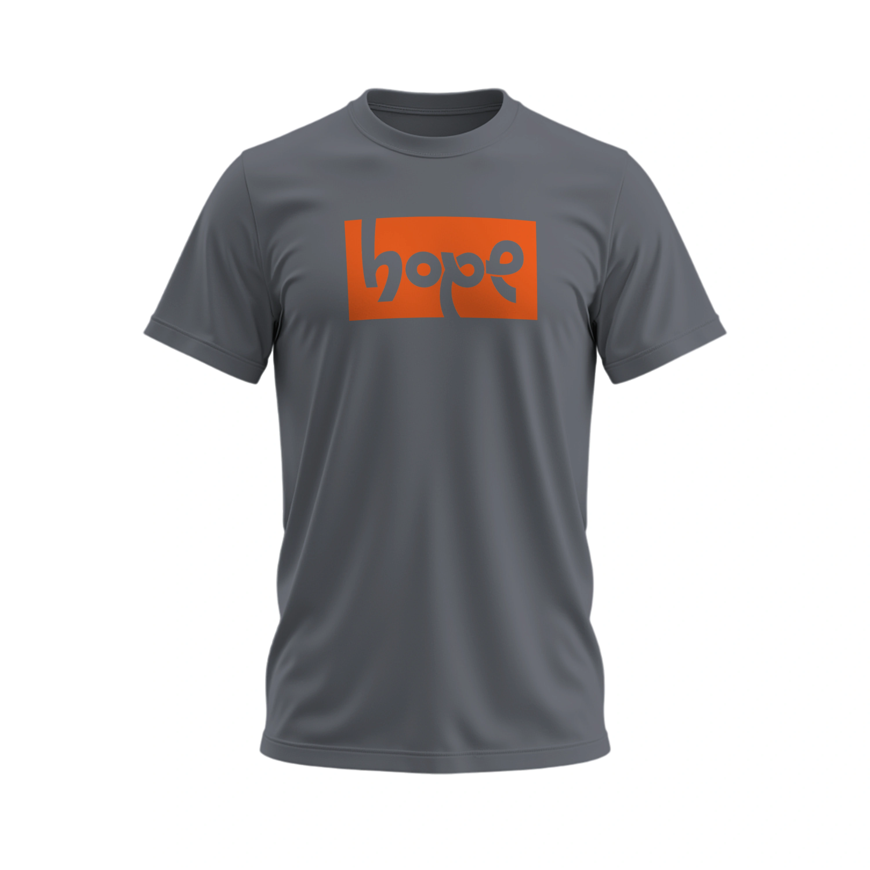 Gray t-shirt with an orange 'hope' logo on a white background