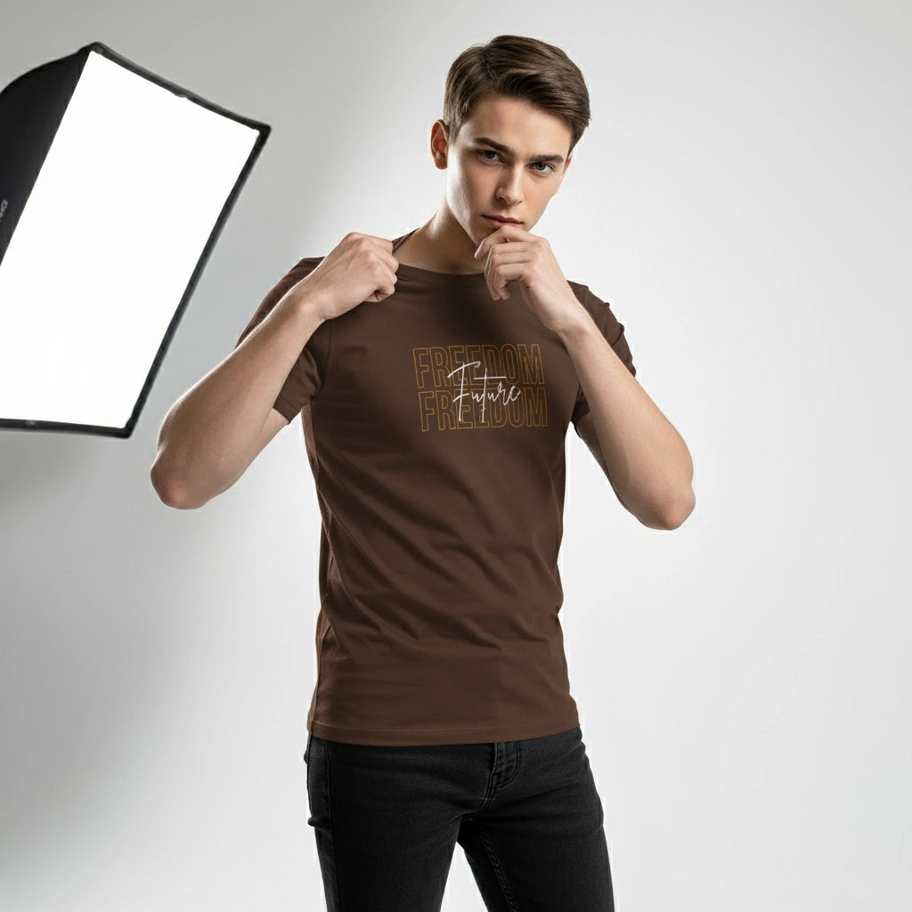 Person wearing a brown t-shirt with text, standing in front of a softbox light.