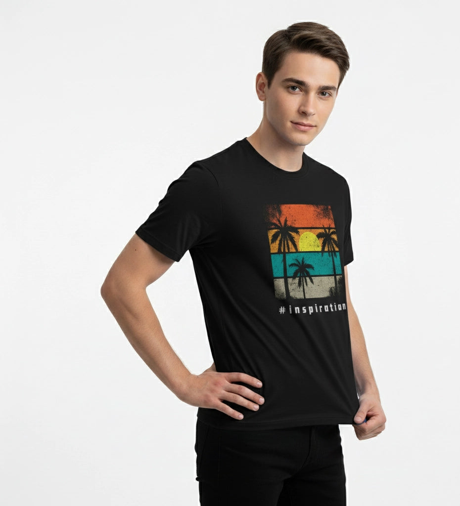 Person wearing a black t-shirt with a colorful graphic design on a white background