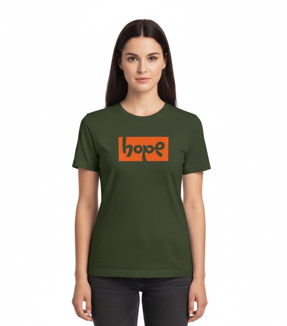 Woman wearing a green t-shirt with 'hope' printed on it against a white background