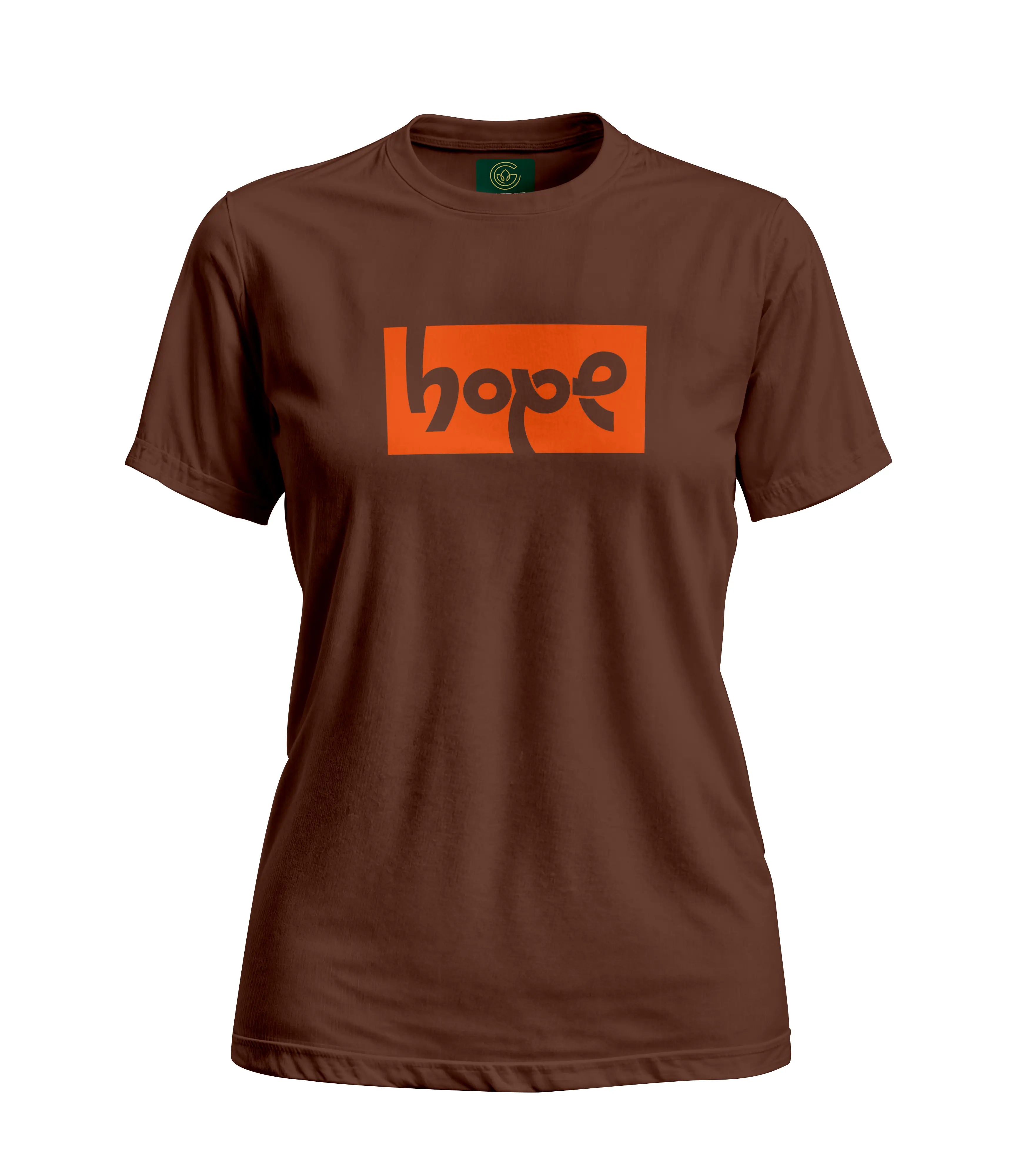 Brown t-shirt with 'hope' printed in orange on a white background