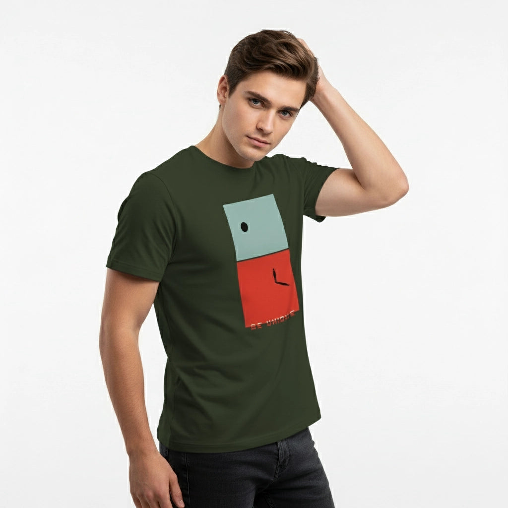 Man wearing a green t-shirt with a colorful graphic design on a white background