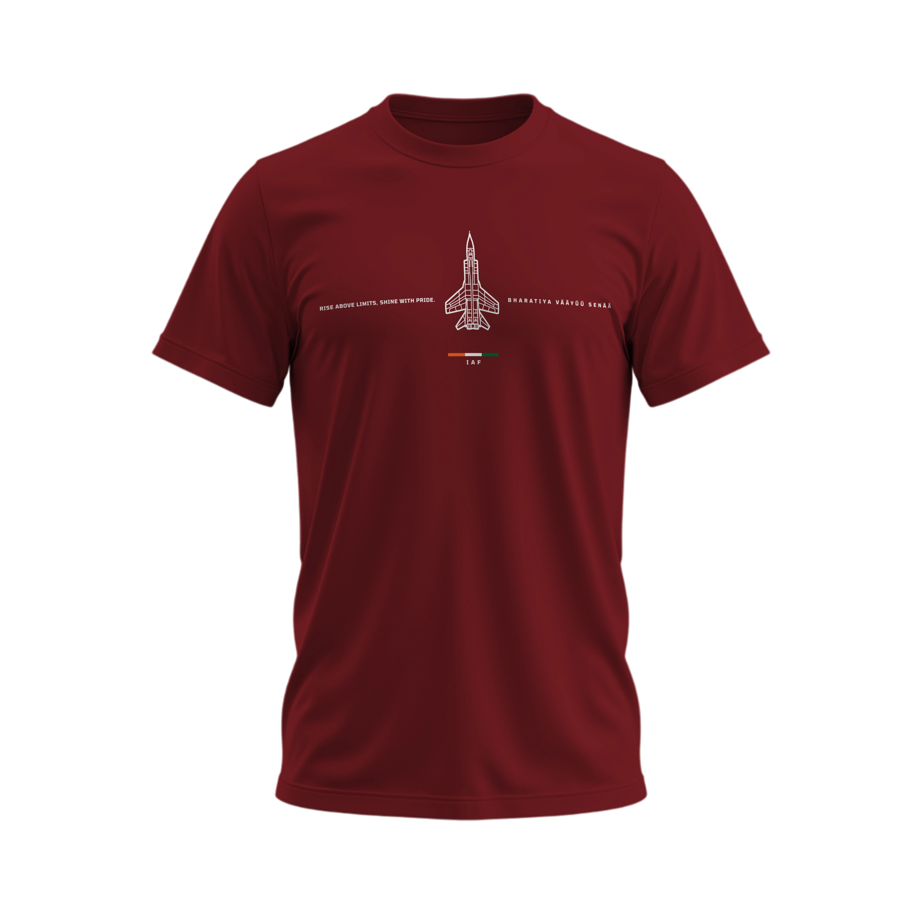 Maroon t-shirt with a graphic design on a white background