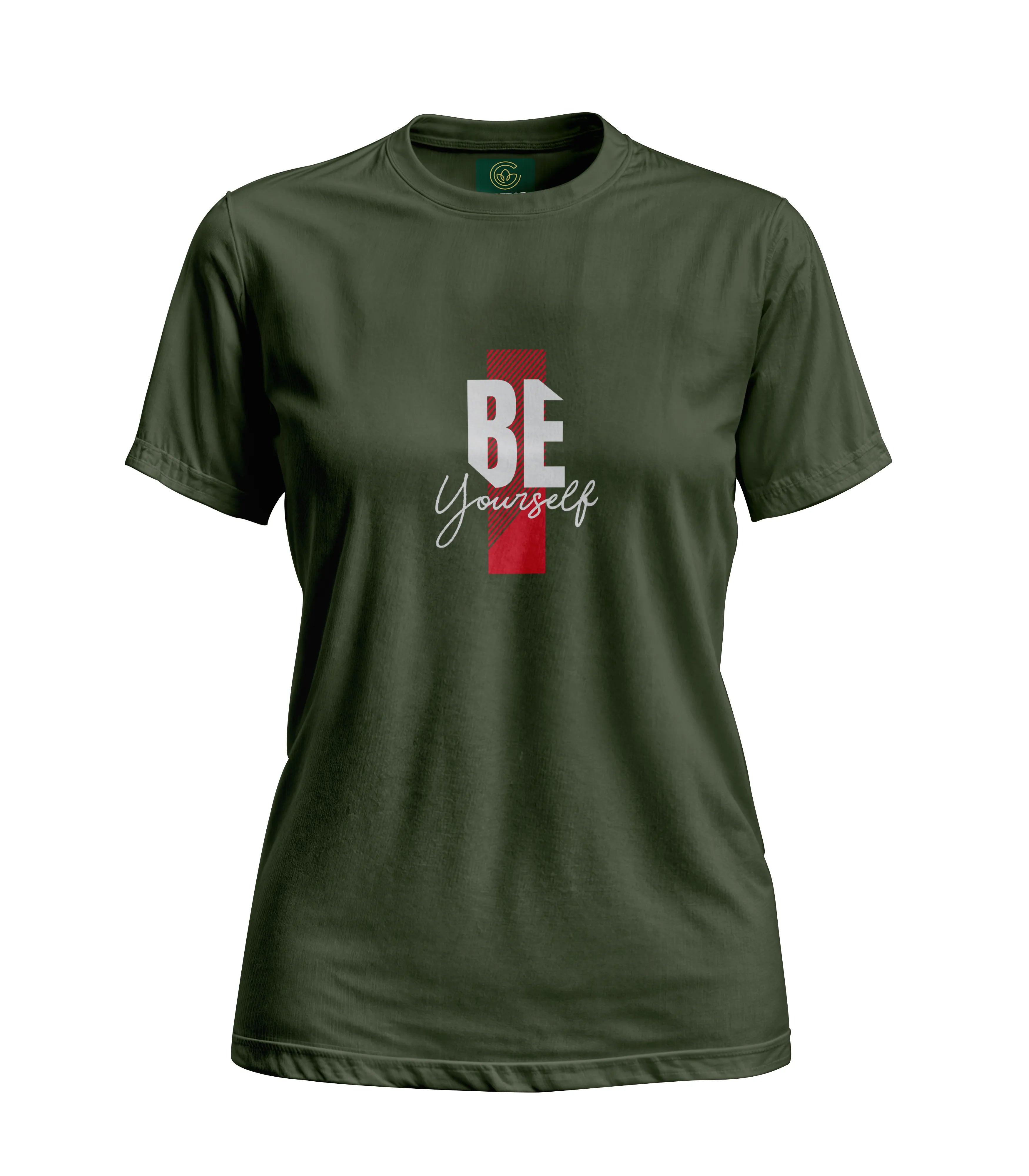 Green t-shirt with 'BE Yourself' text on a white background