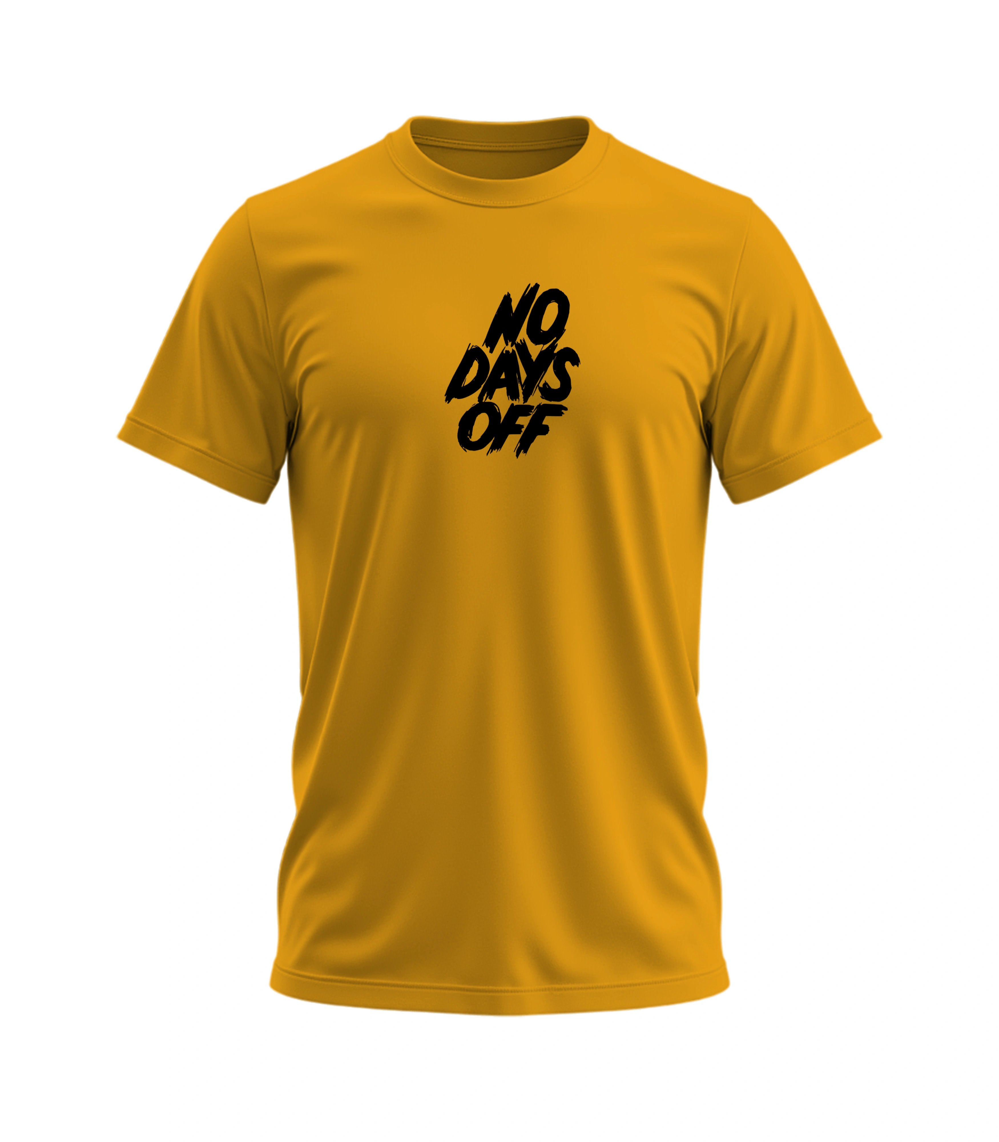 Yellow t-shirt with 'NO DAYS OFF' text on a white background