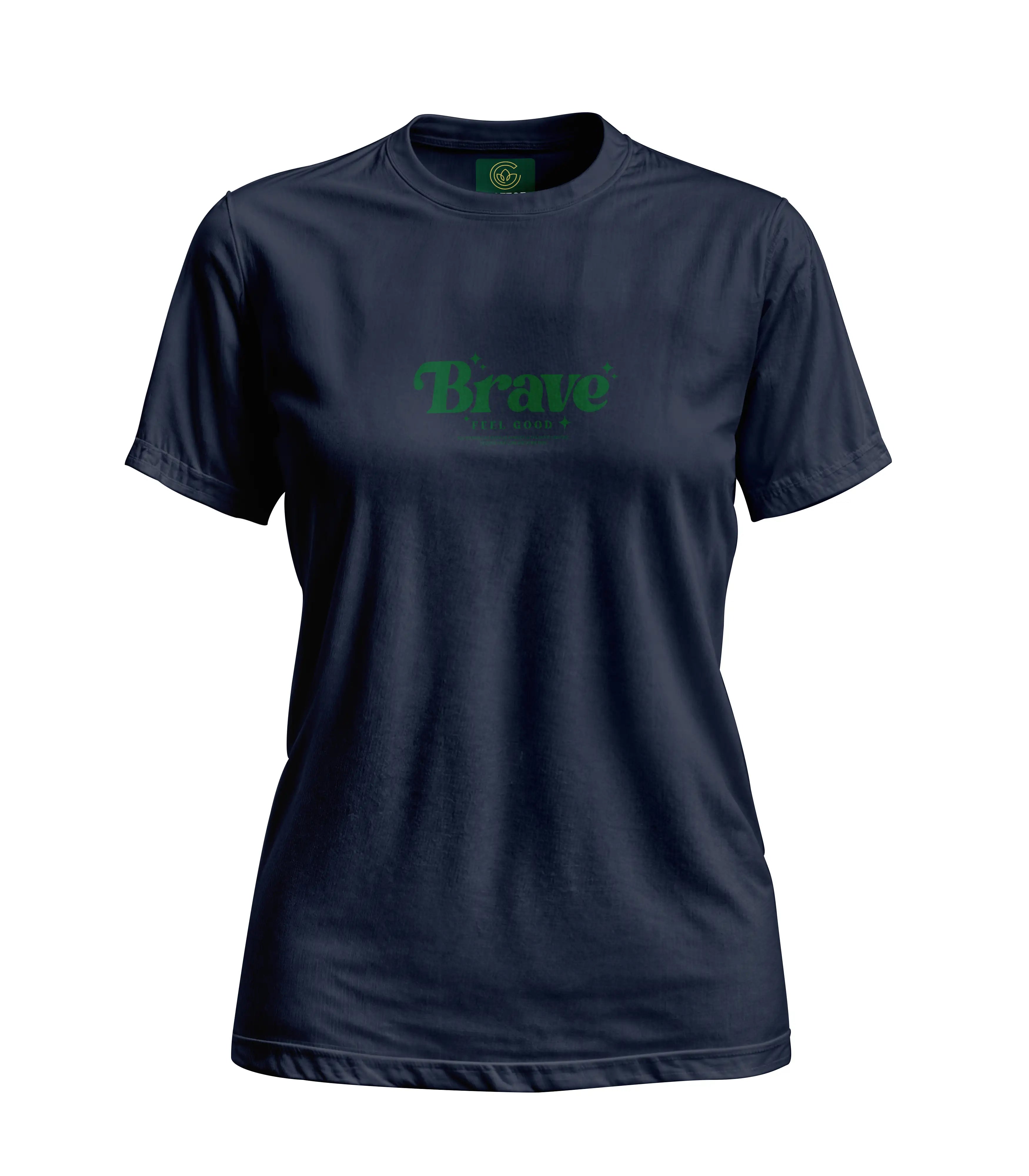 Navy blue t-shirt with 'Brave' logo on a white background