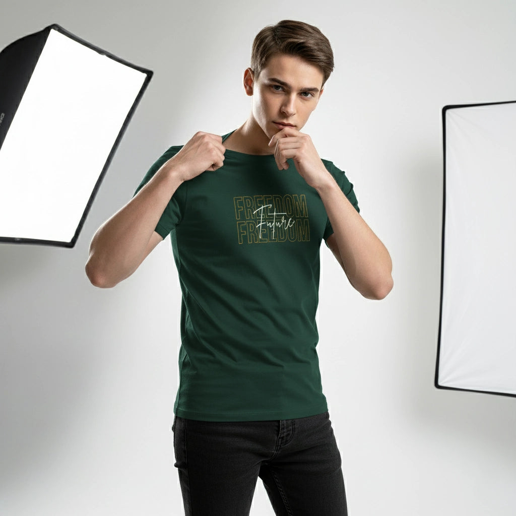 Person wearing a green t-shirt with text, posing in front of studio lights.