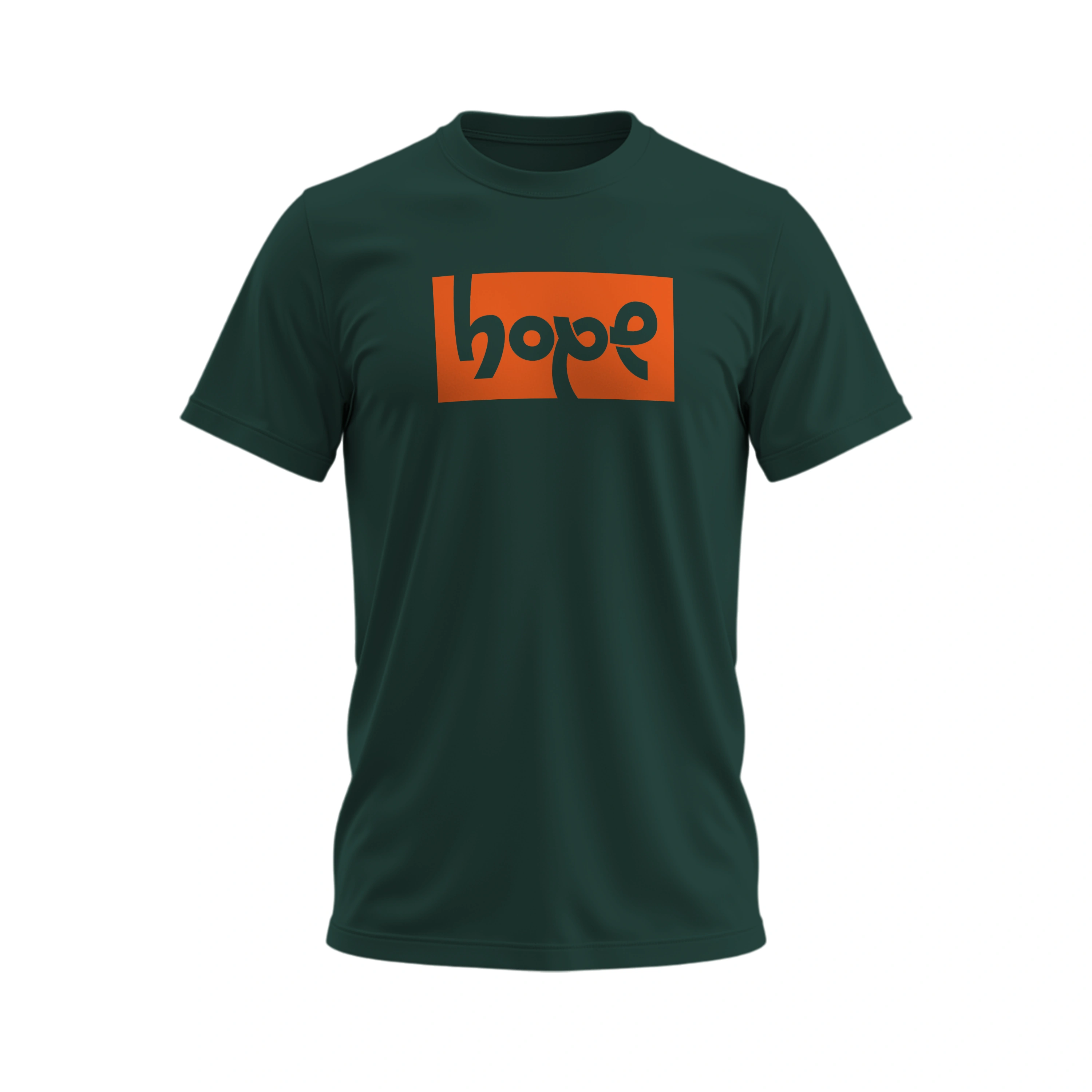 Green t-shirt with an orange 'hope' logo on a white background