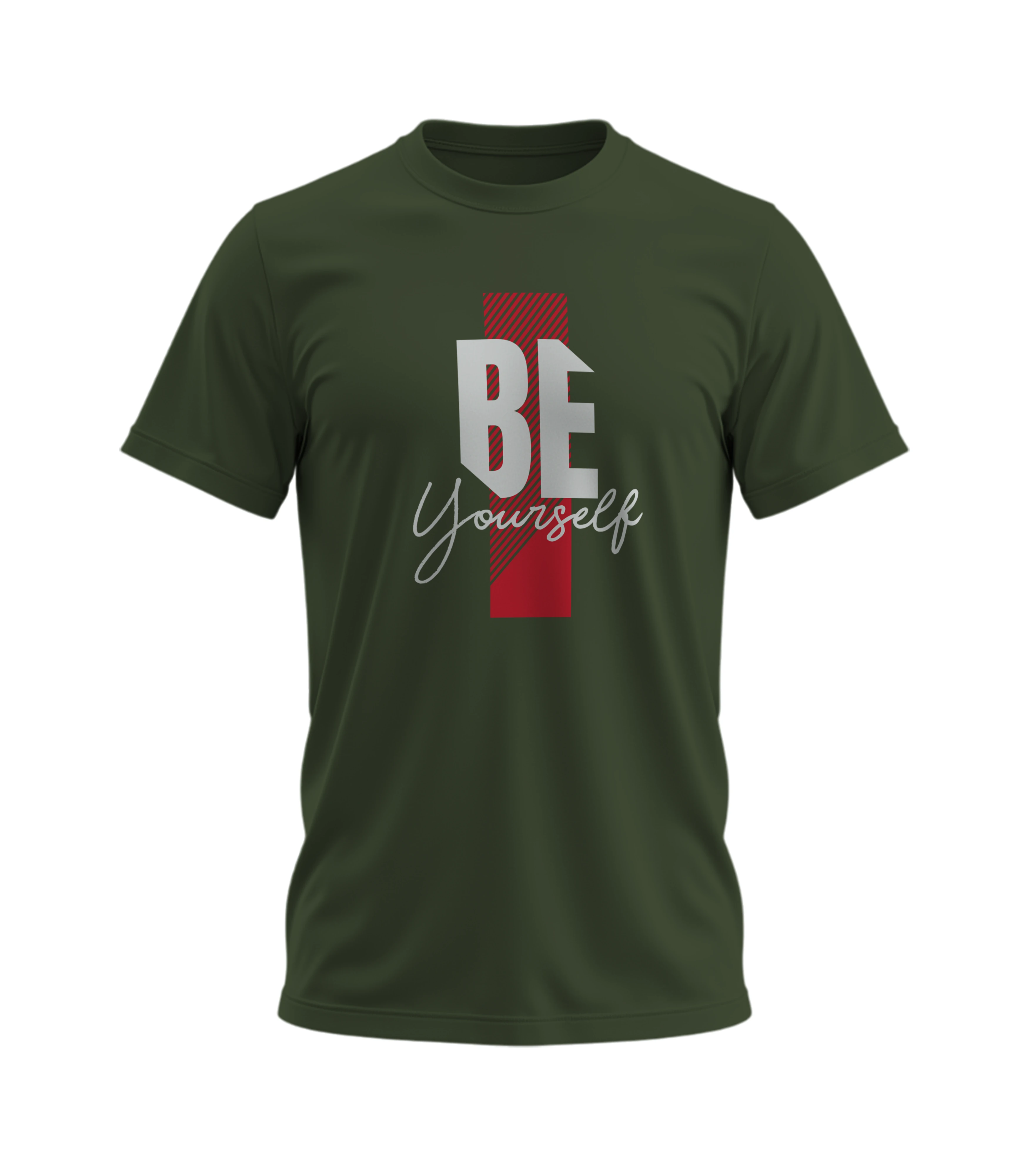 Green t-shirt with 'BE Yourself' text design on a white background