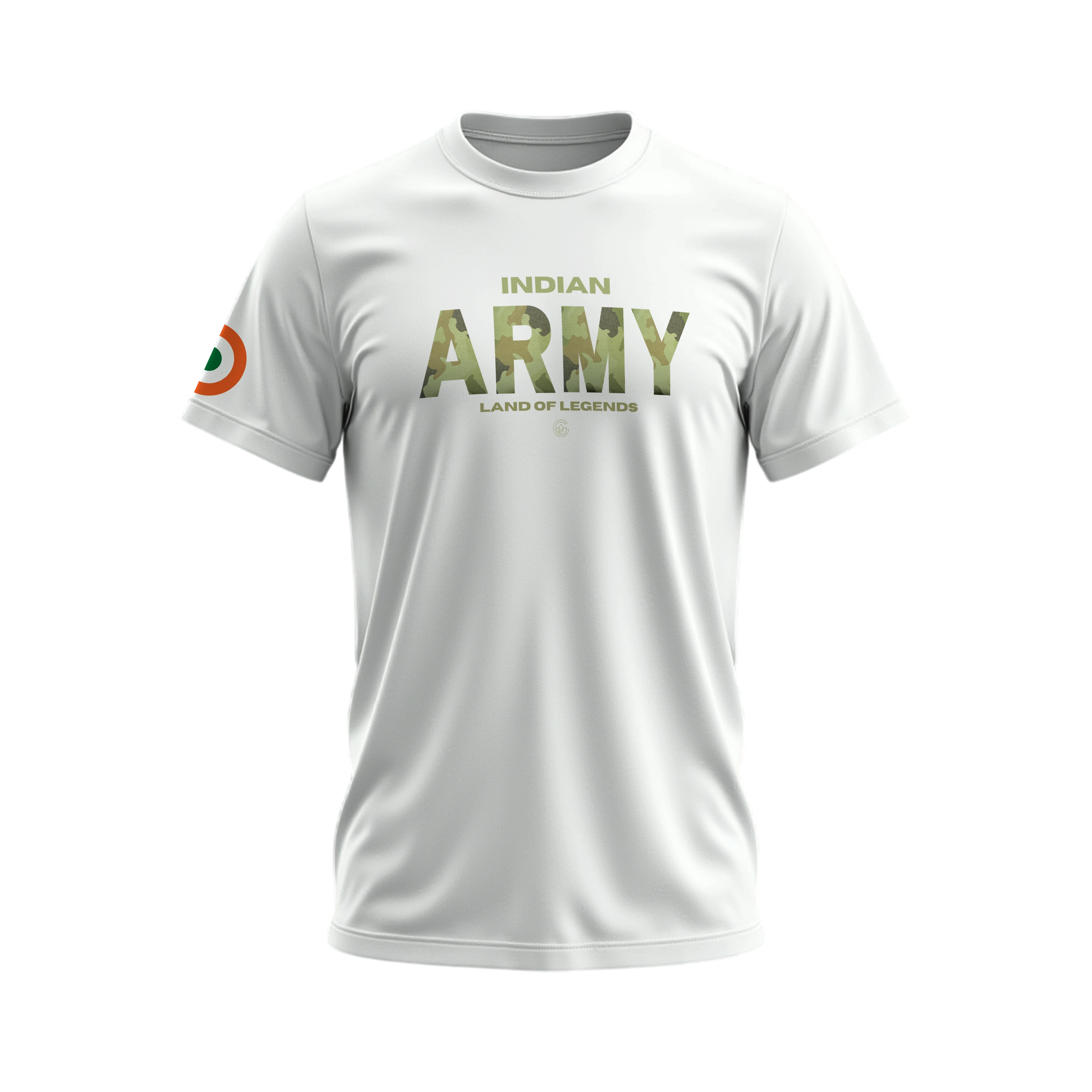 White t-shirt with 'Indian Army Land of Legends' text and design on a white background