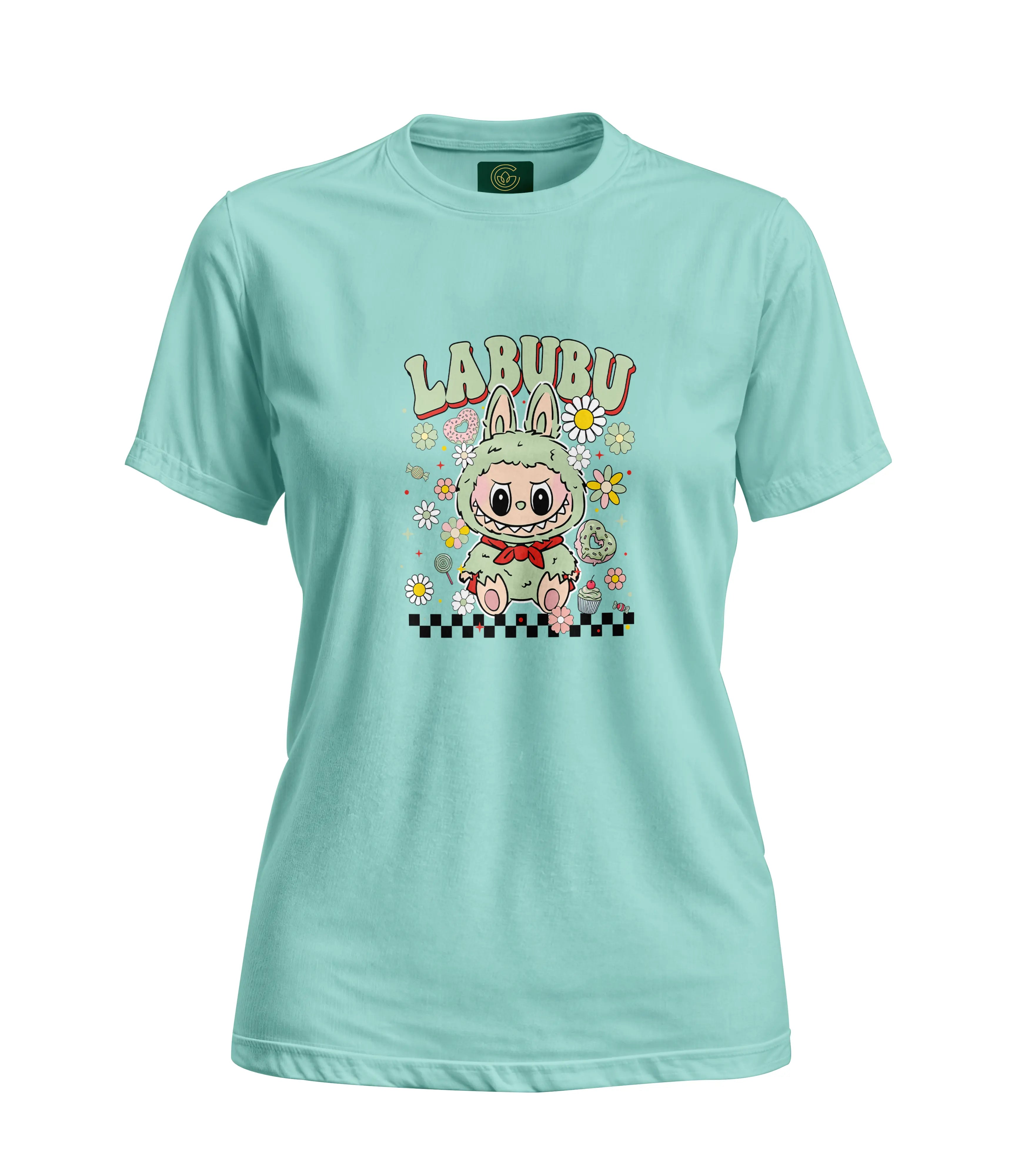 Light blue t-shirt with cartoon character and 'LABUBU' text on a white background
