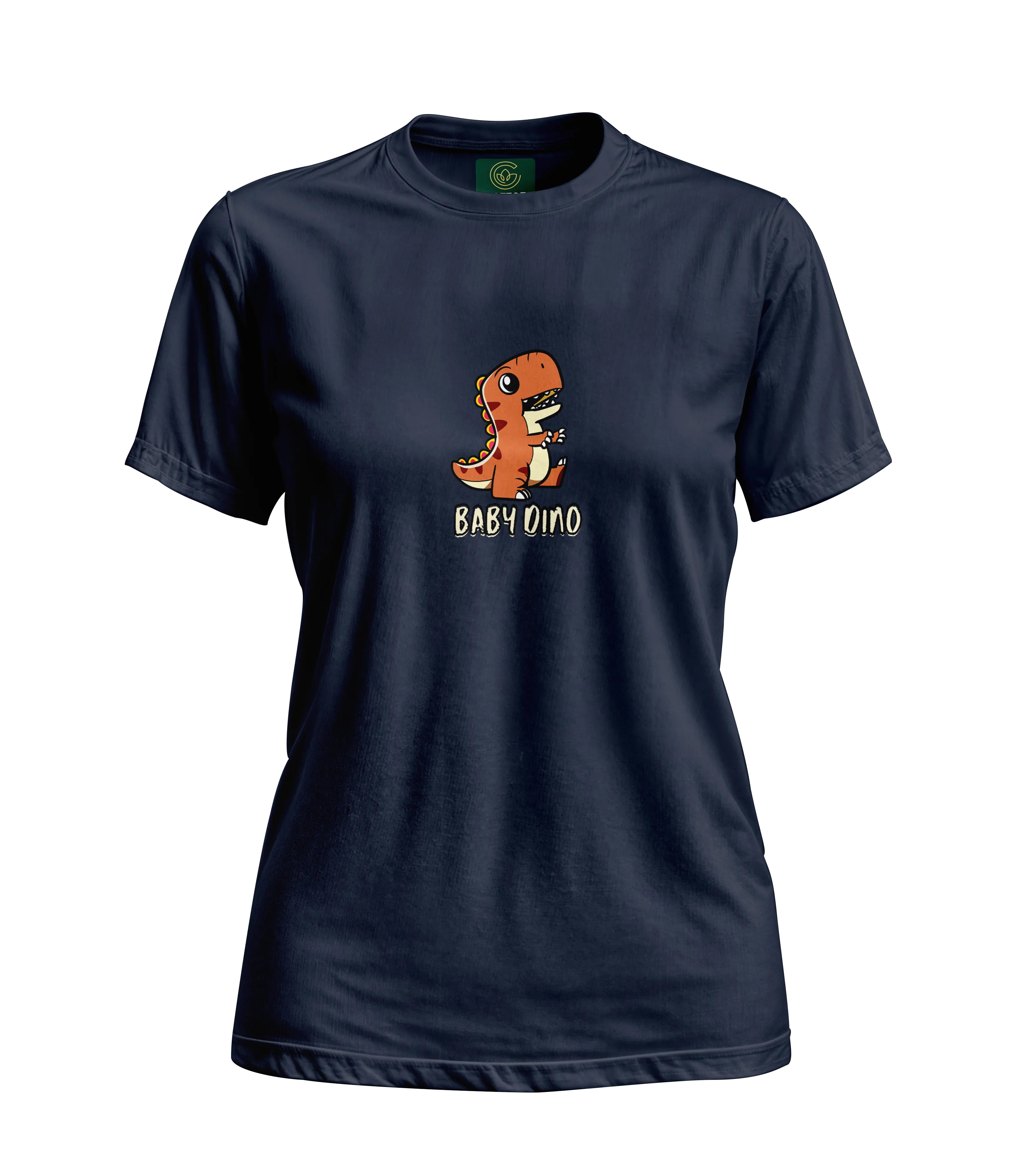 Navy blue t-shirt with a cartoon dinosaur design on a white background