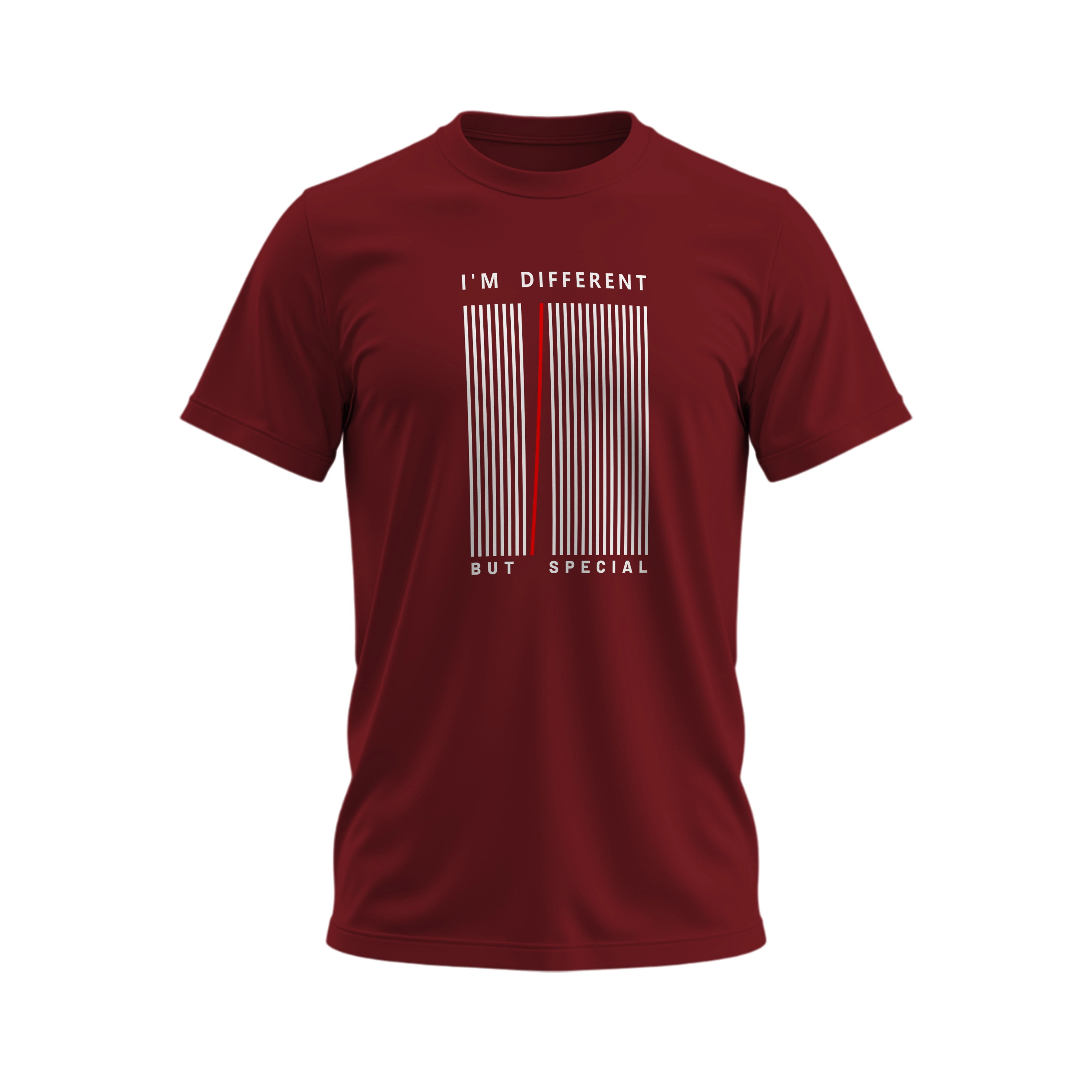 Maroon t-shirt with a barcode design and text on a white background