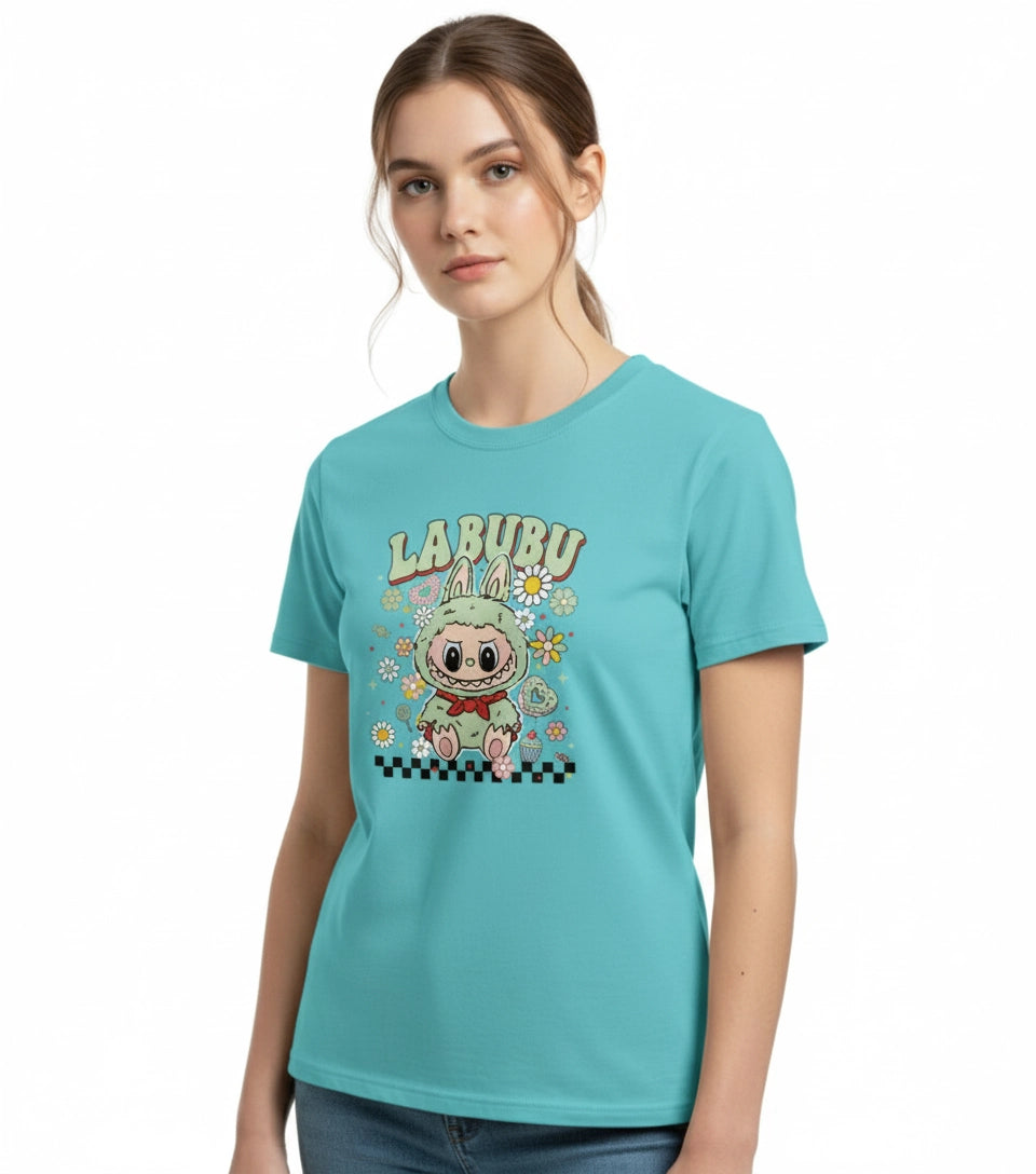 Person wearing a turquoise t-shirt with a cartoon character and 'LABUBU' text on a white background