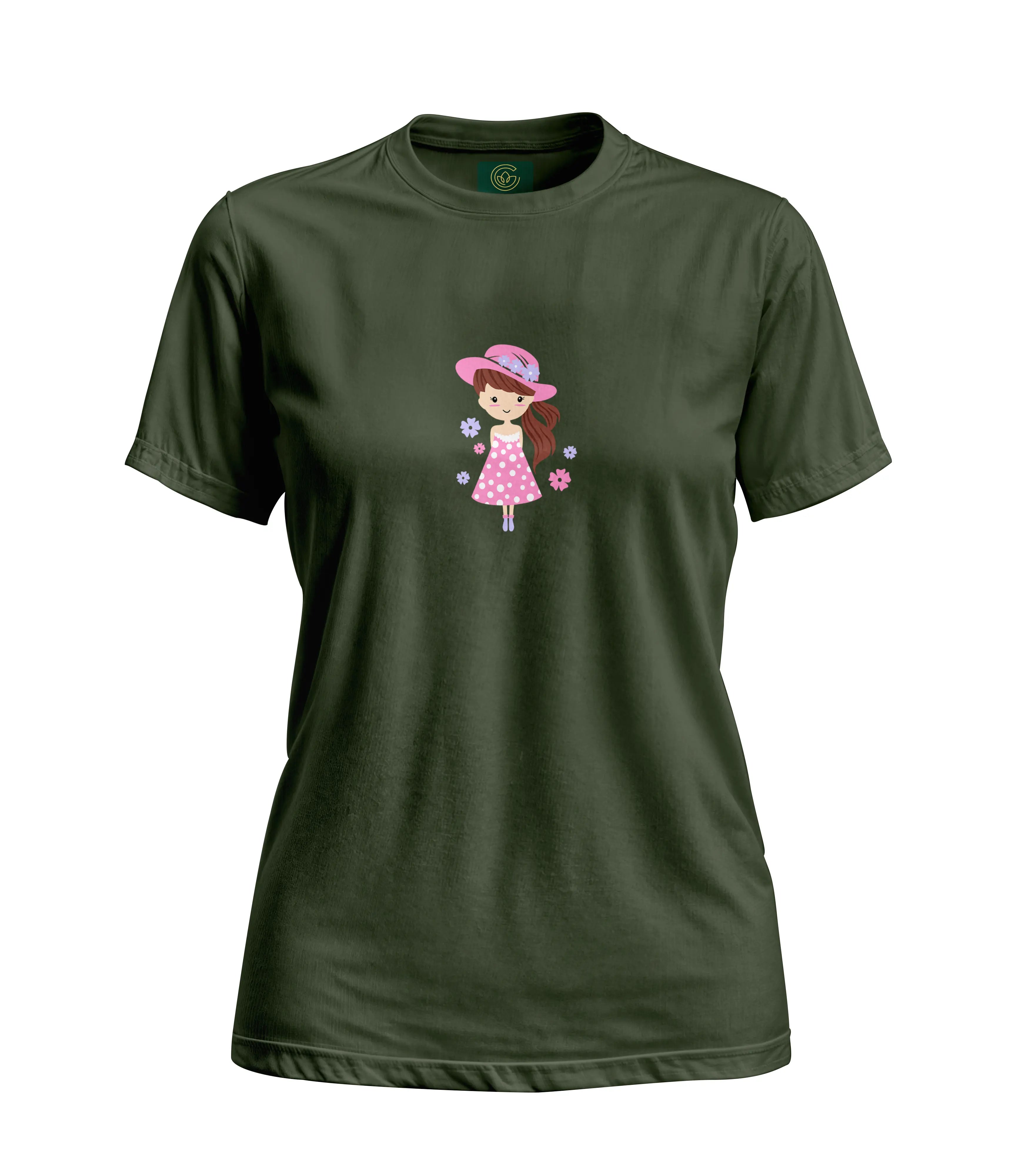 Green t-shirt with a cartoon character on a white background