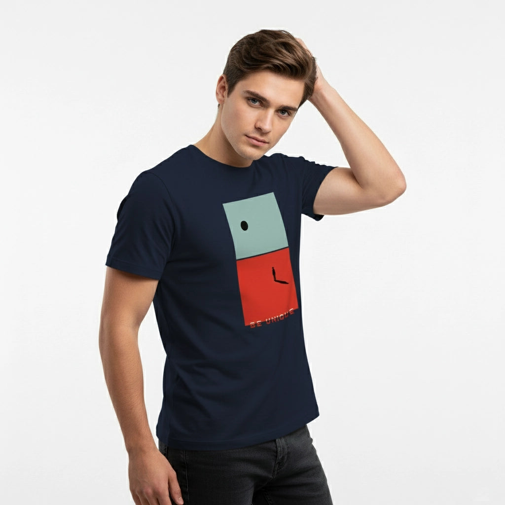 Man wearing a navy blue t-shirt with a colorful geometric design on a white background