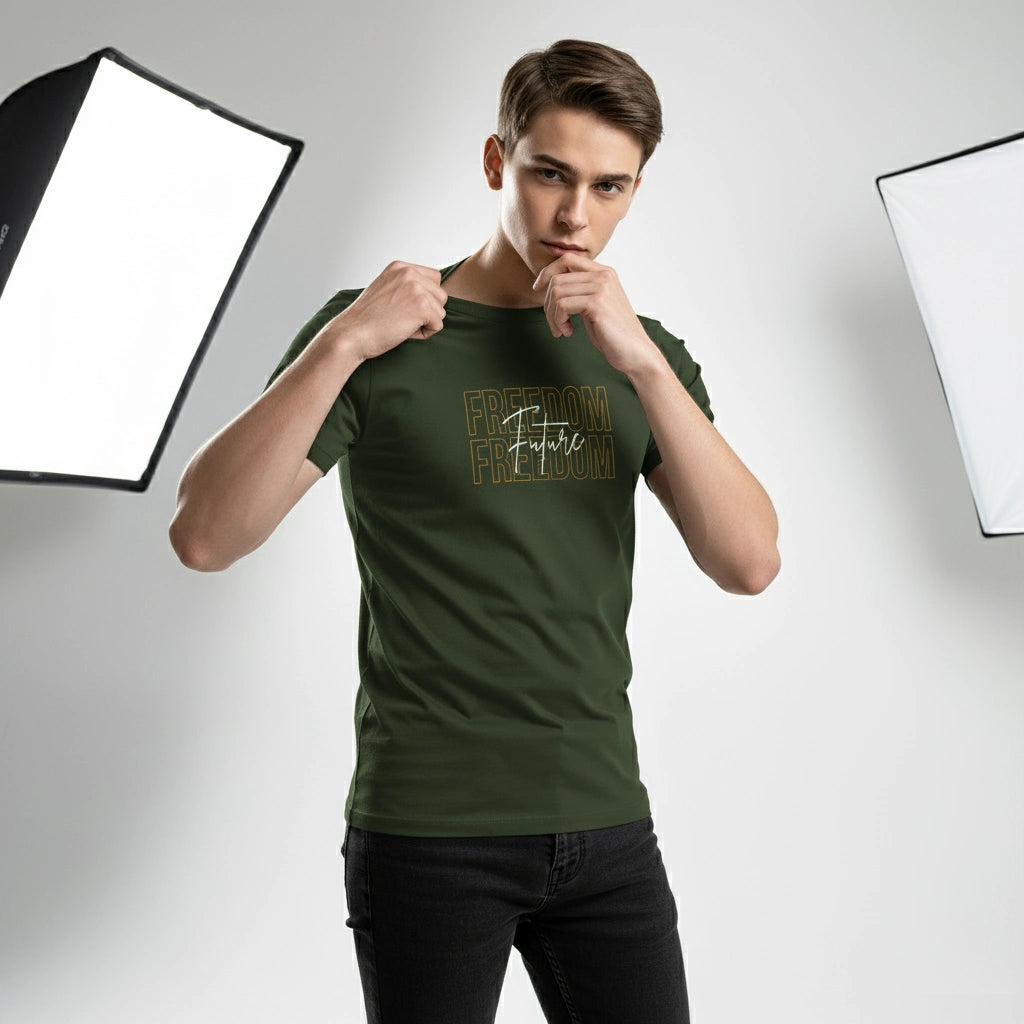 Person wearing a green t-shirt with text in a studio setting