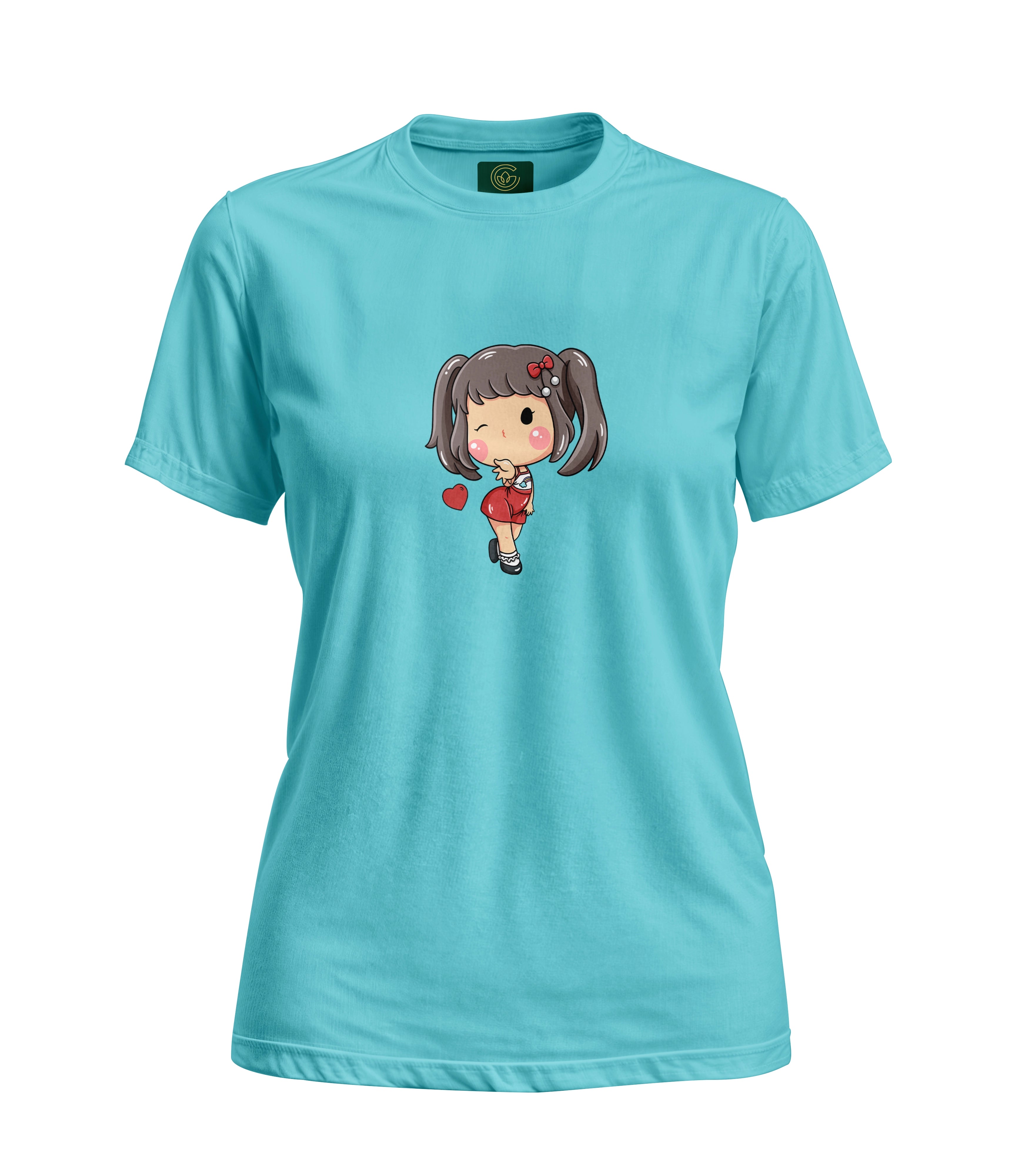 Turquoise t-shirt with a cartoon character on a white background