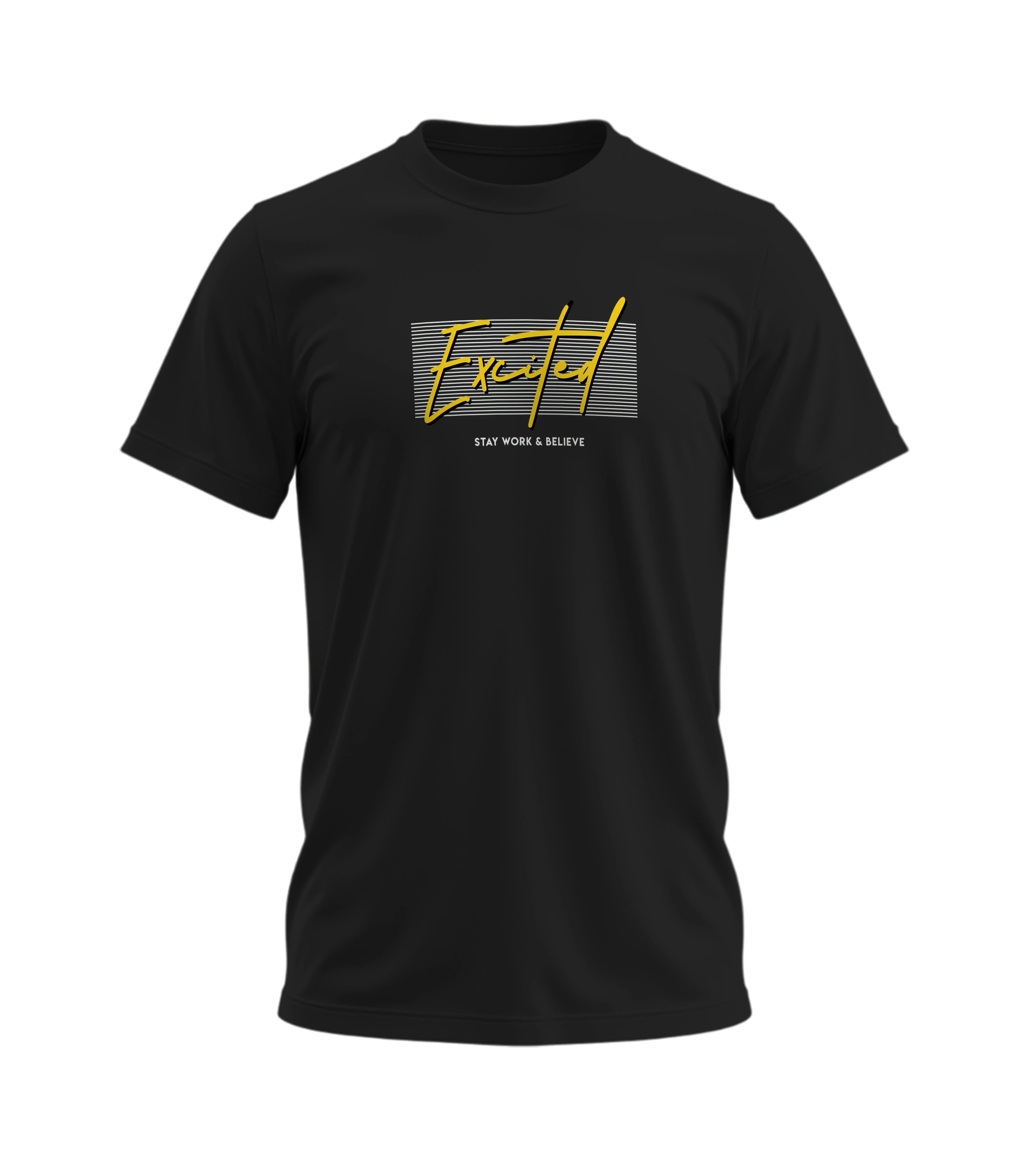 Black t-shirt with yellow graphic design on a white background