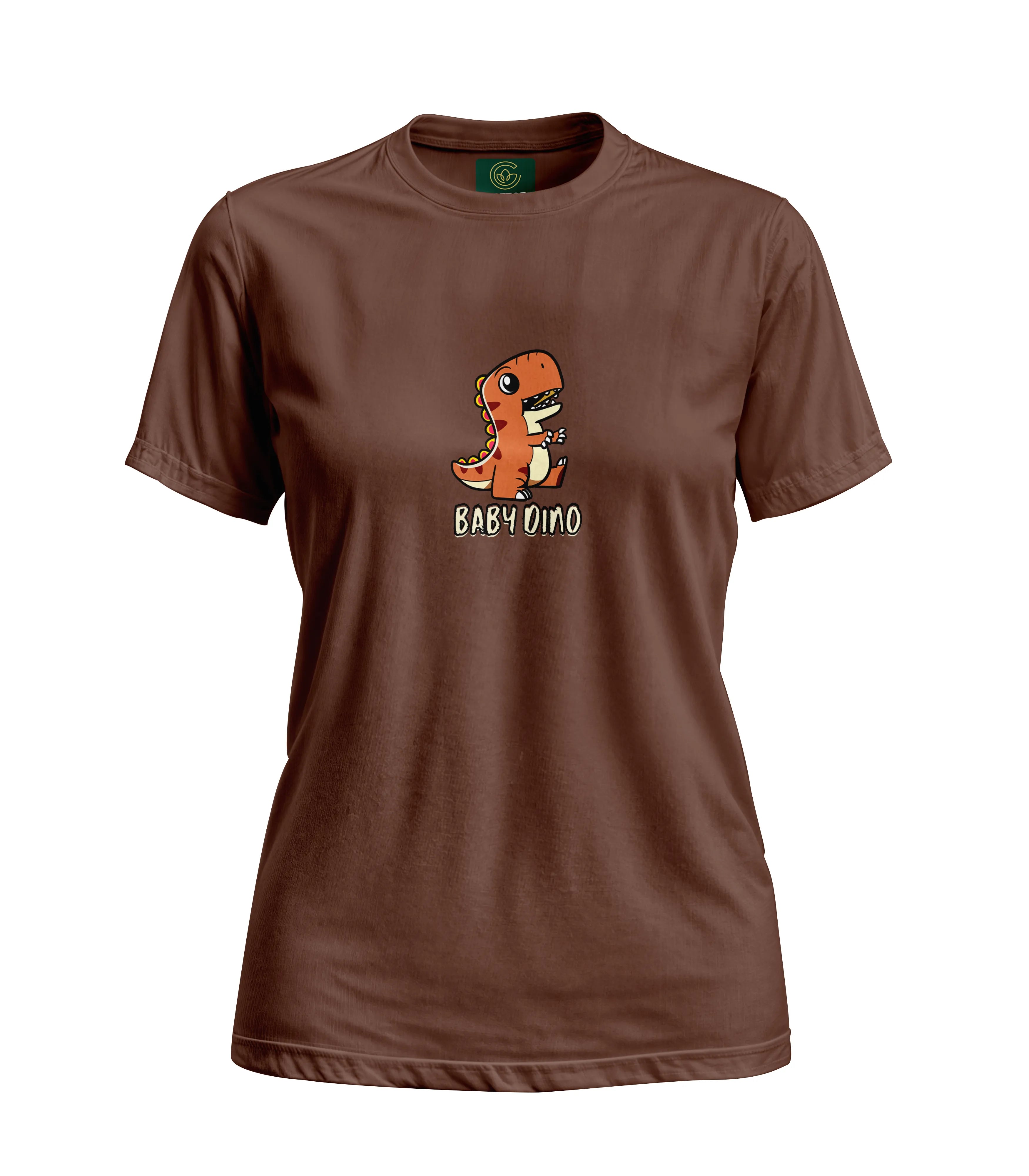 Brown t-shirt with a dinosaur graphic and 'BABYDINO' text on a white background