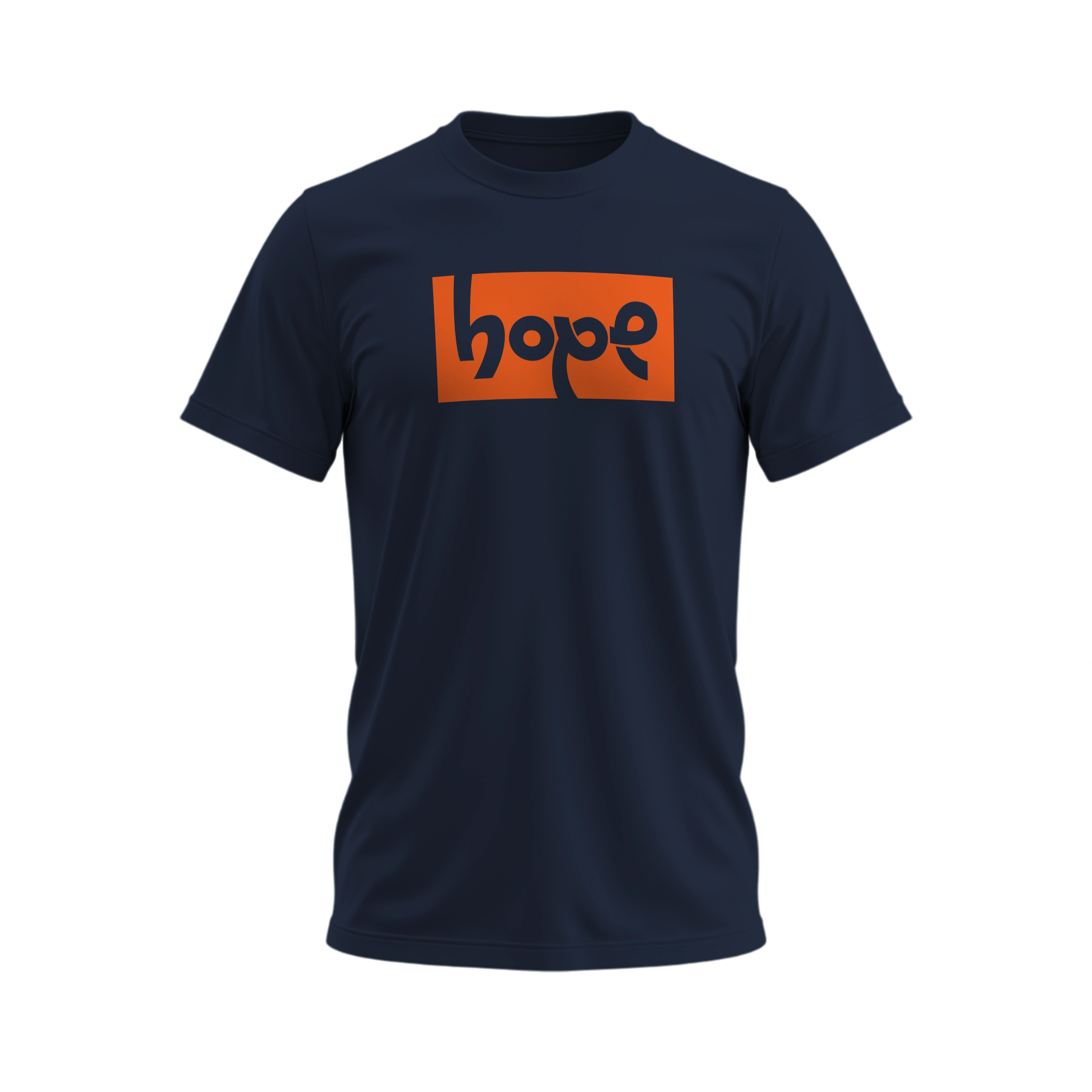 Navy blue t-shirt with an orange 'hope' logo on a white background