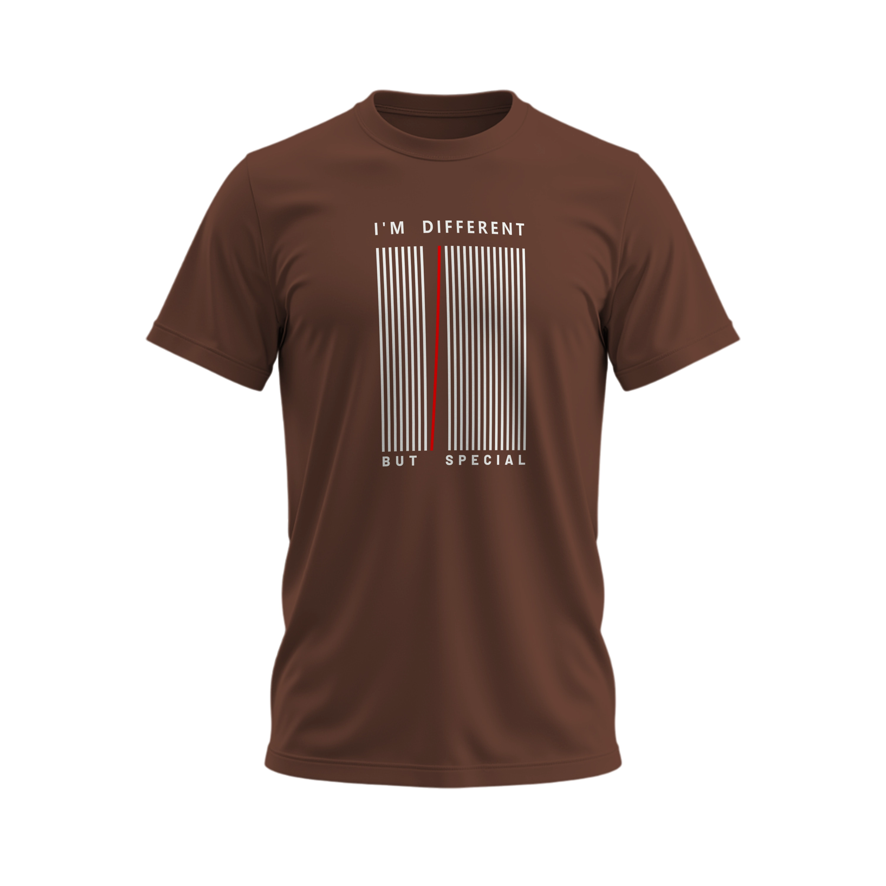 Brown t-shirt with a barcode design and text on a white background