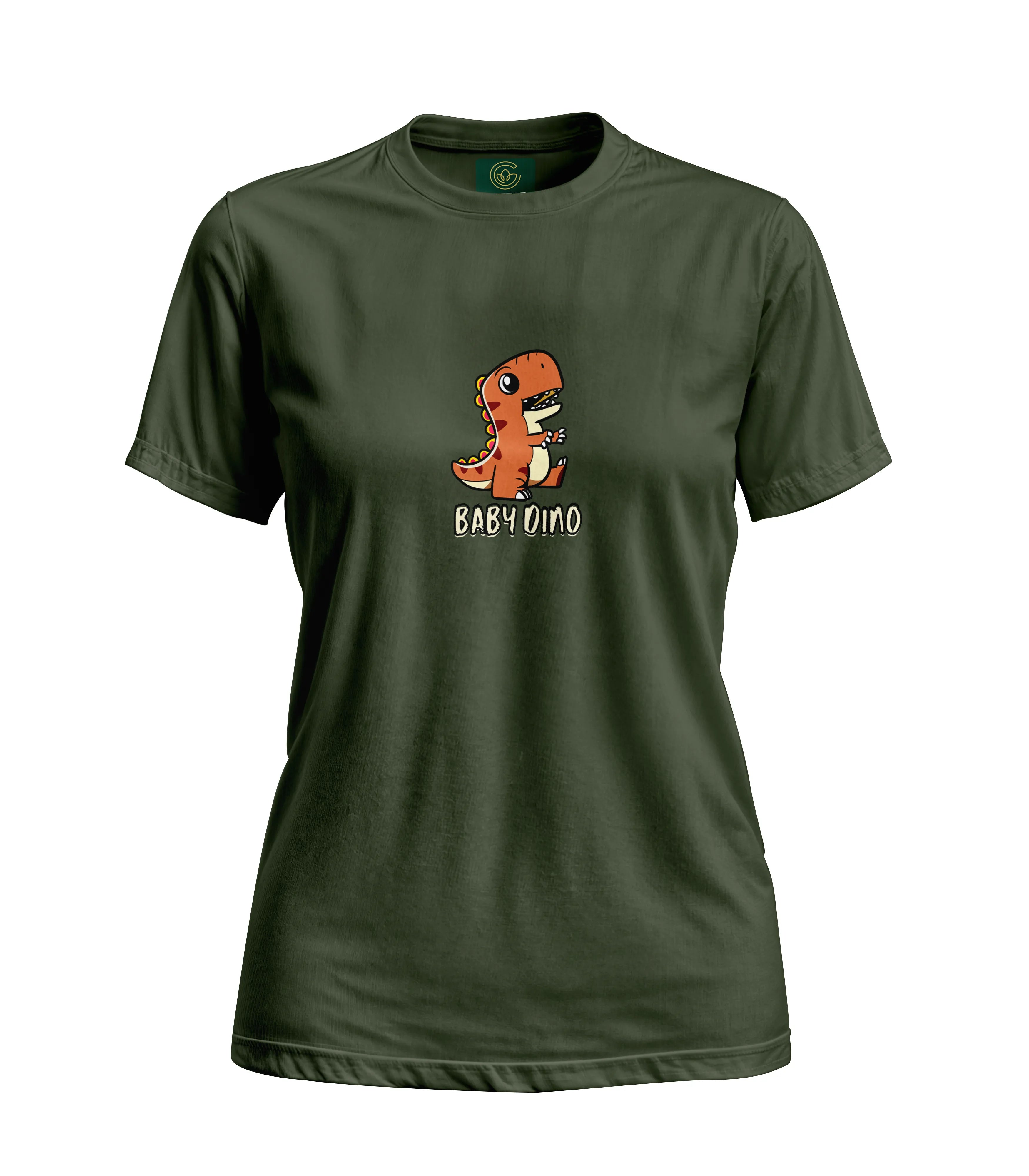 Green t-shirt with a dinosaur graphic and 'BABYDINO' text on a white background