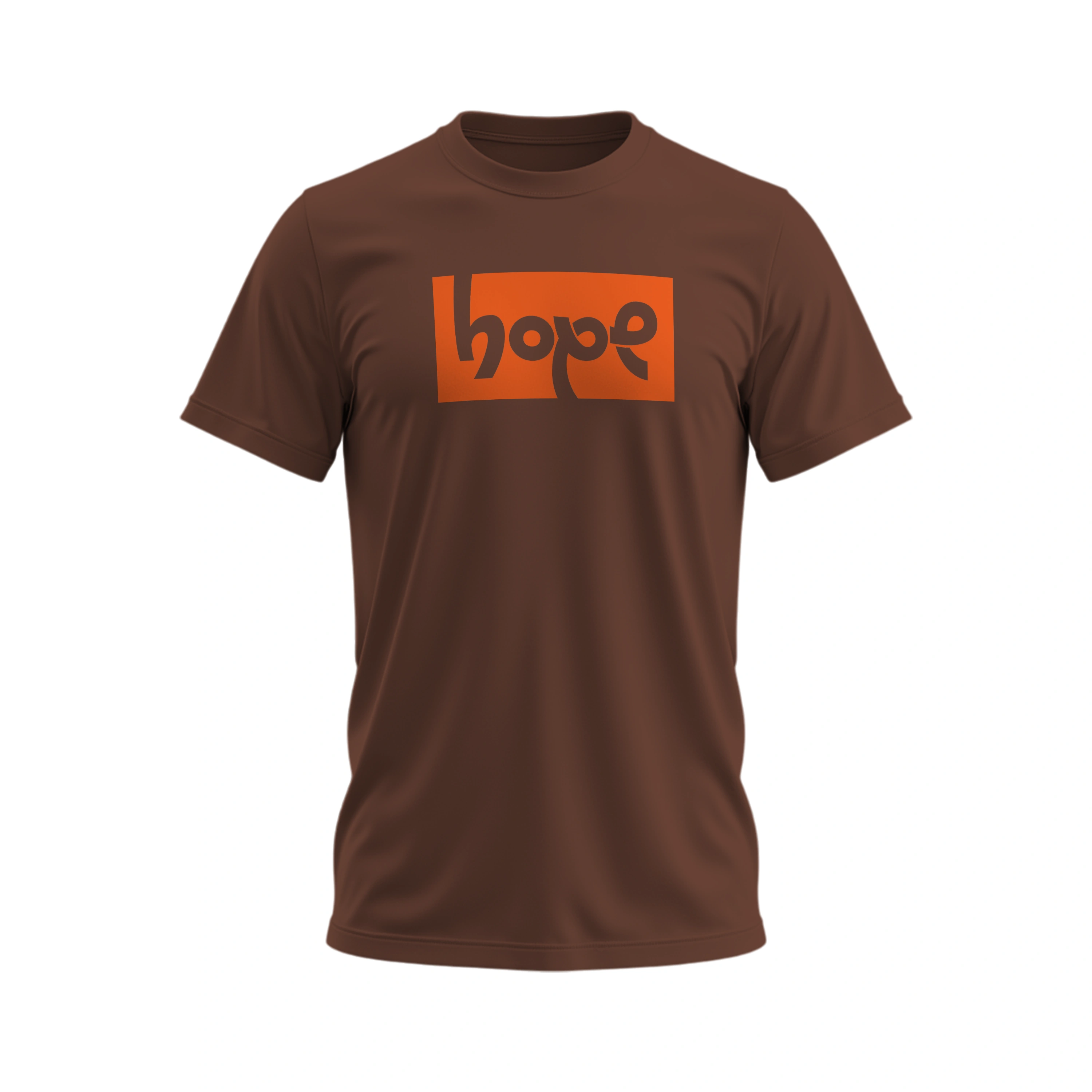 Brown t-shirt with 'hope' printed in orange on a white background