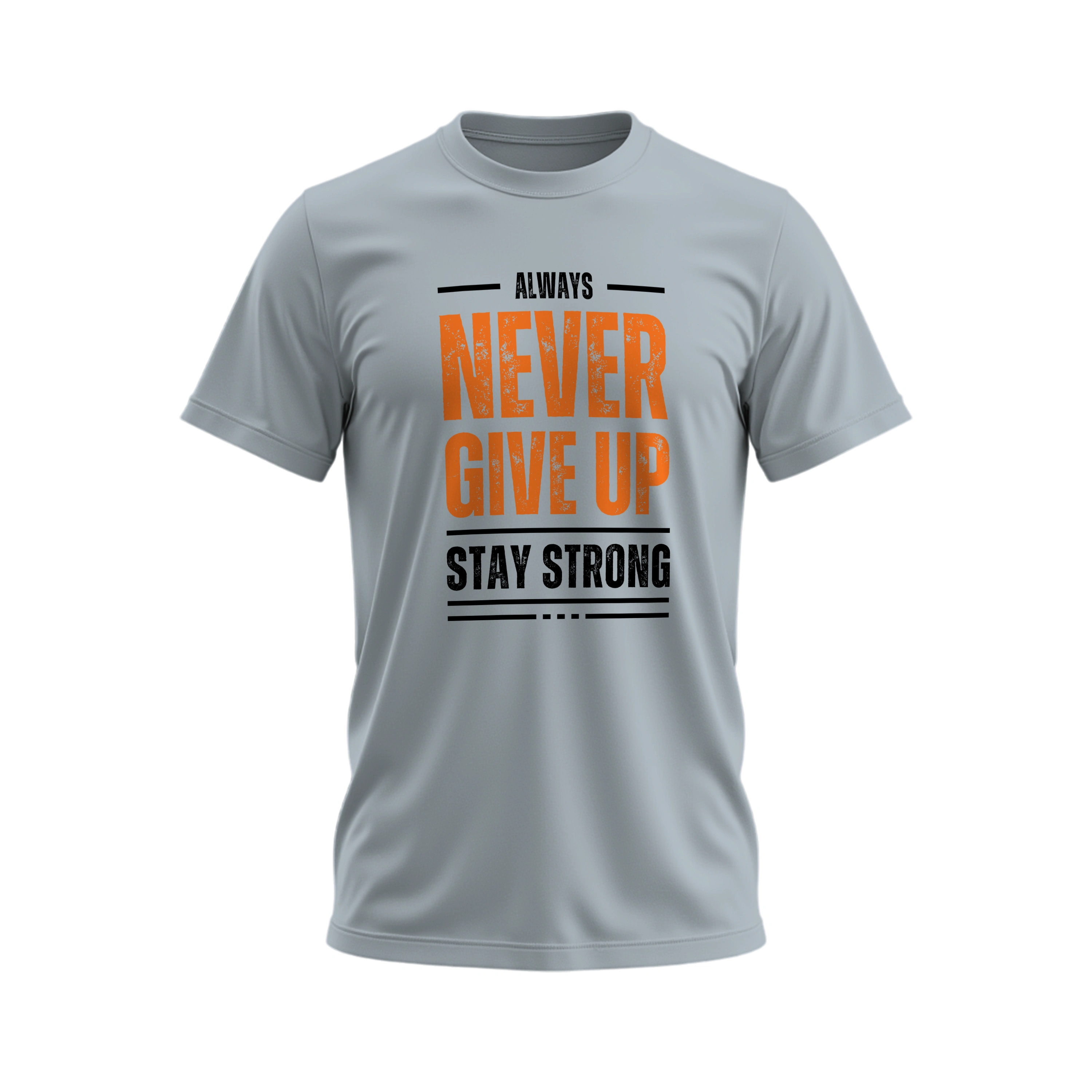Gray t-shirt with motivational quote in orange and black on a white background