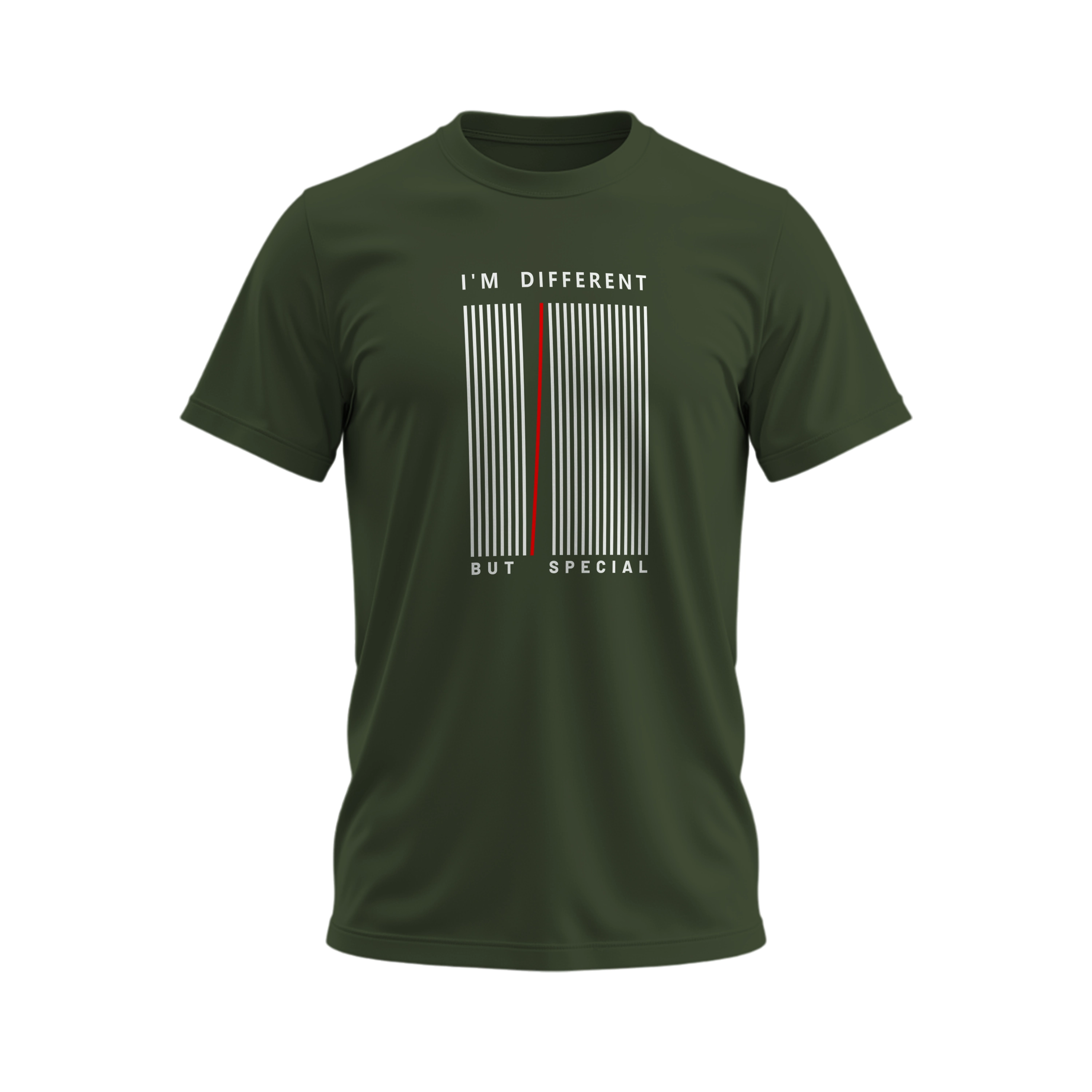Green t-shirt with a barcode design and text on a white background