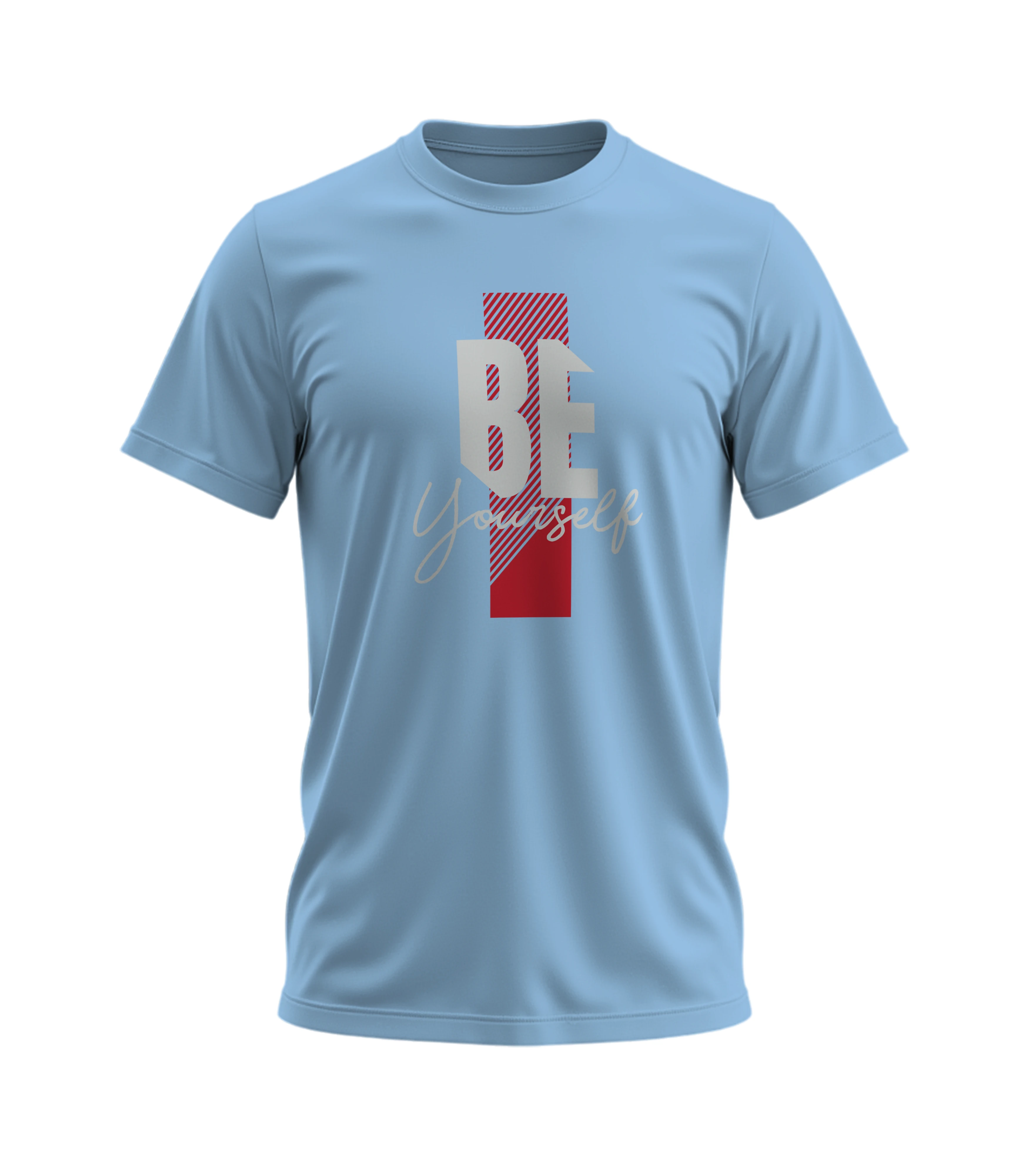 Light blue t-shirt with a red and gray graphic design on a white background