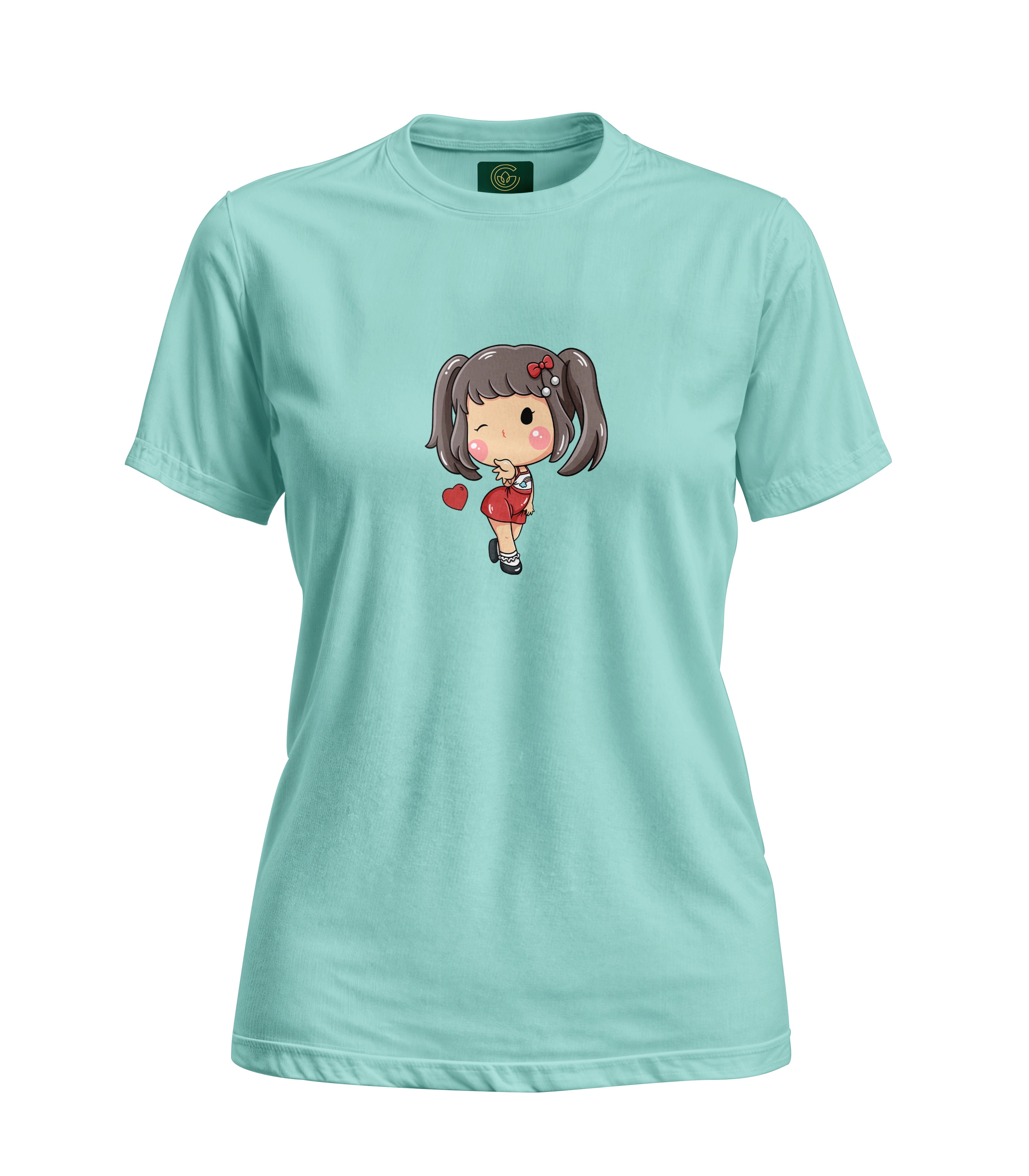 Light blue t-shirt with a cartoon character on a white background