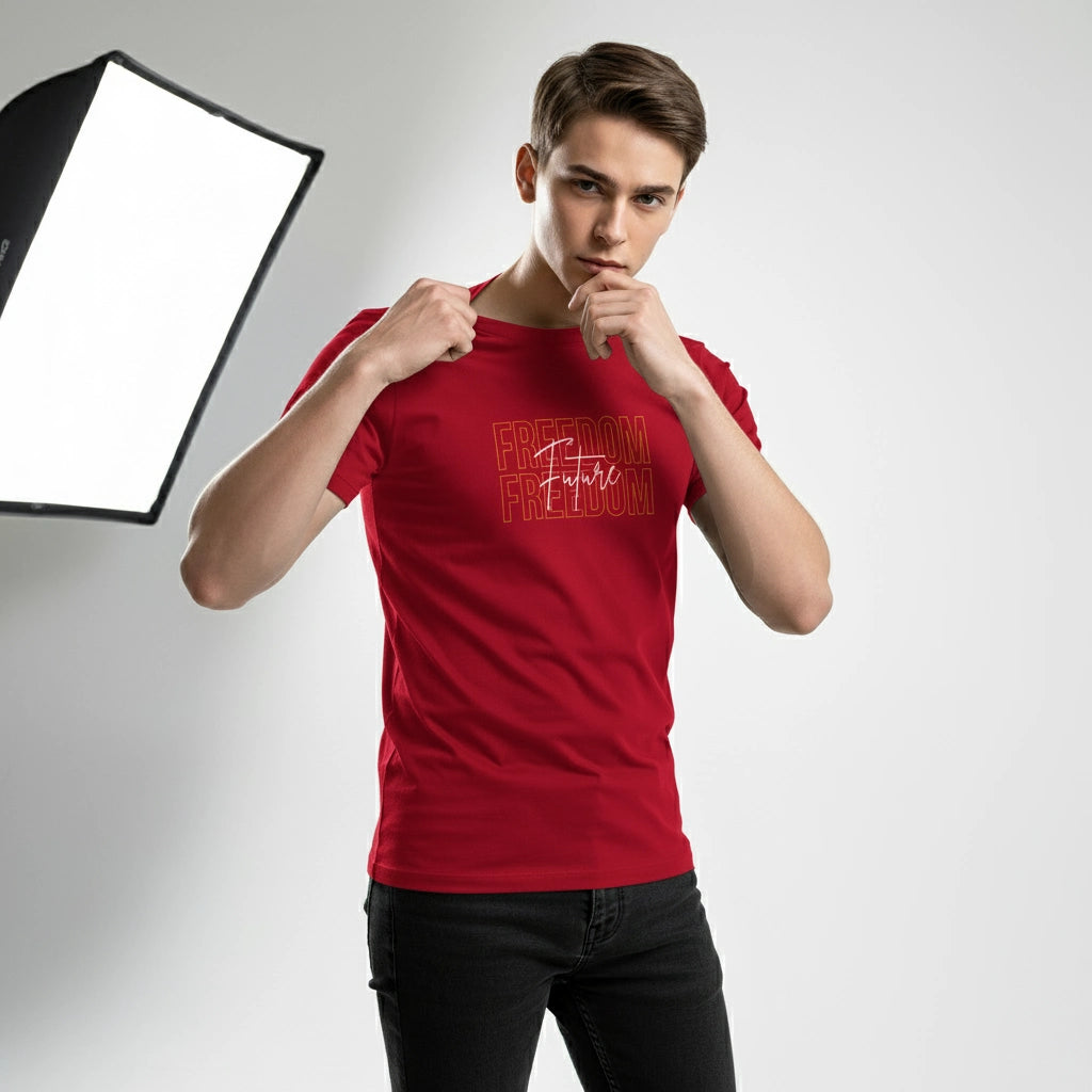 Person wearing a red t-shirt with text, standing in front of studio lighting equipment.