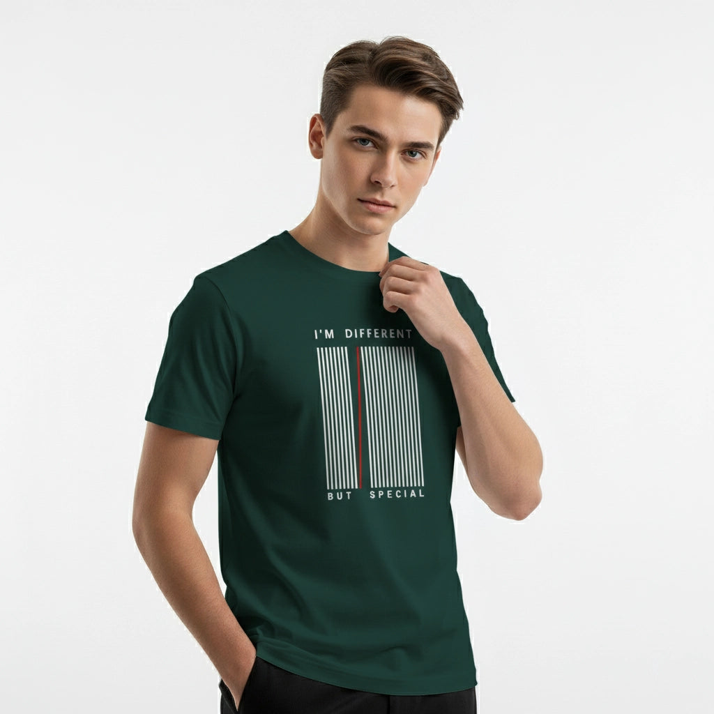 Man wearing a green t-shirt with text on a white background