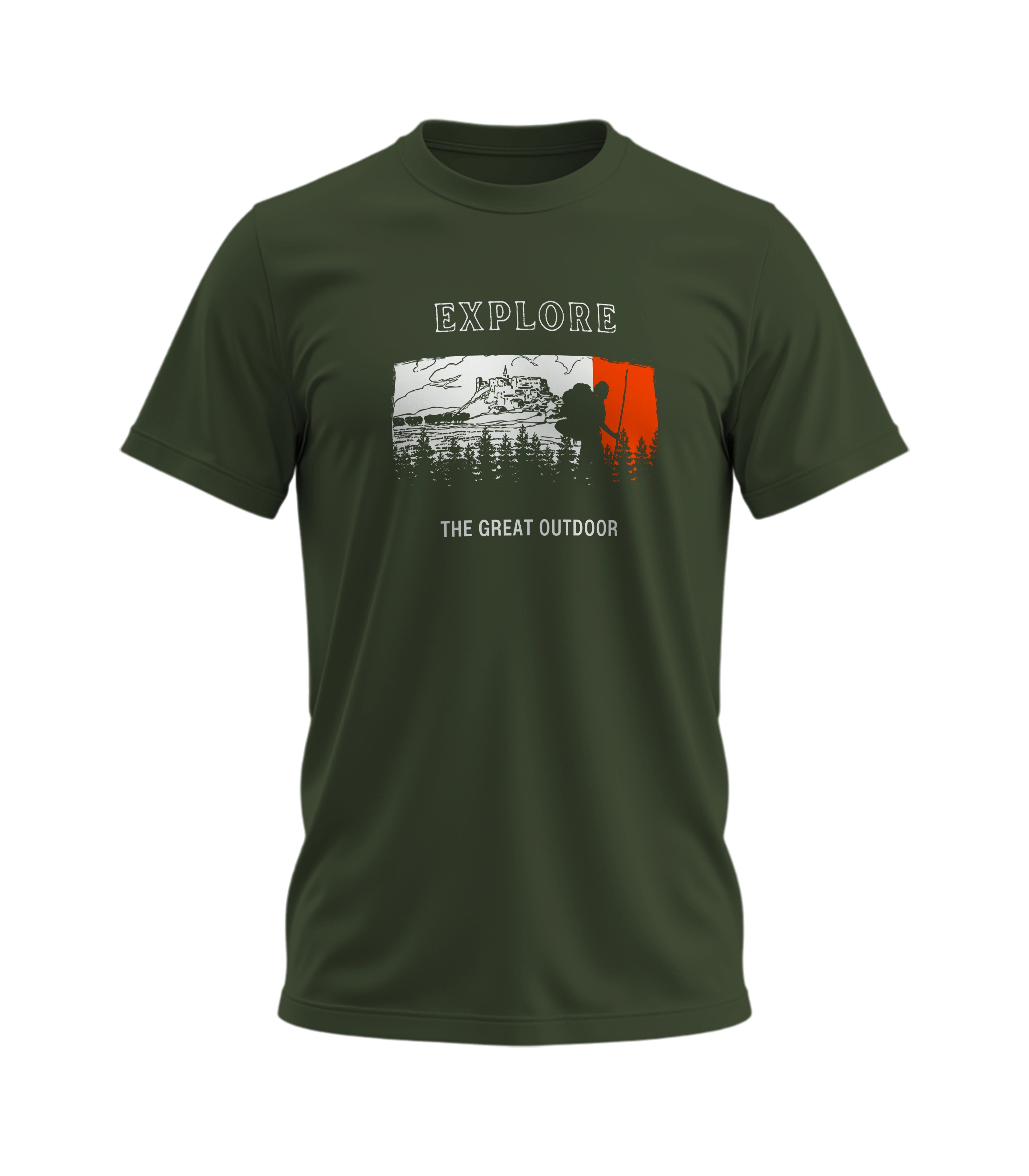 Green t-shirt with outdoor-themed graphic and text on a white background