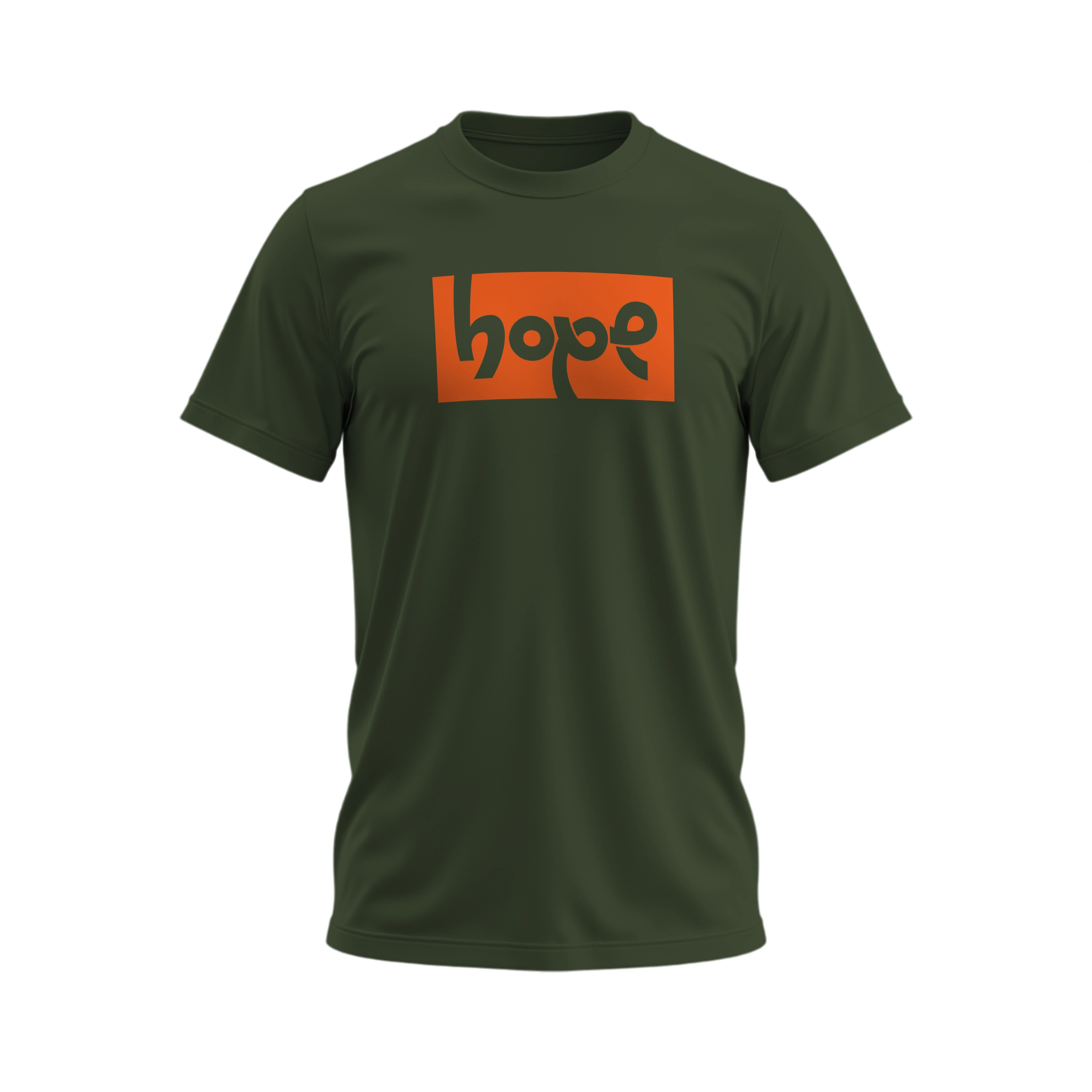 Green t-shirt with an orange 'hope' logo on a white background
